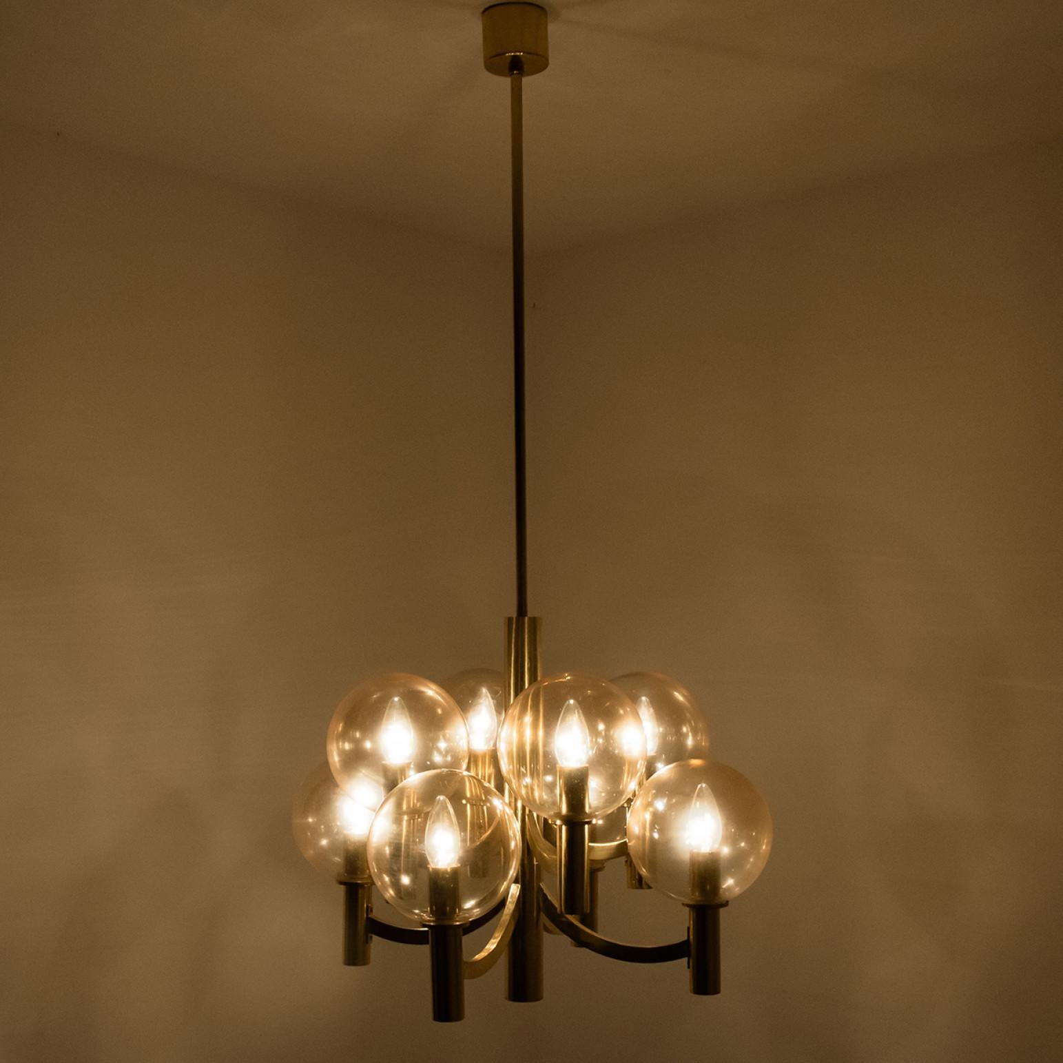 German Brass and Clear Glass Chandelier, Jakobsson, 1970s For Sale