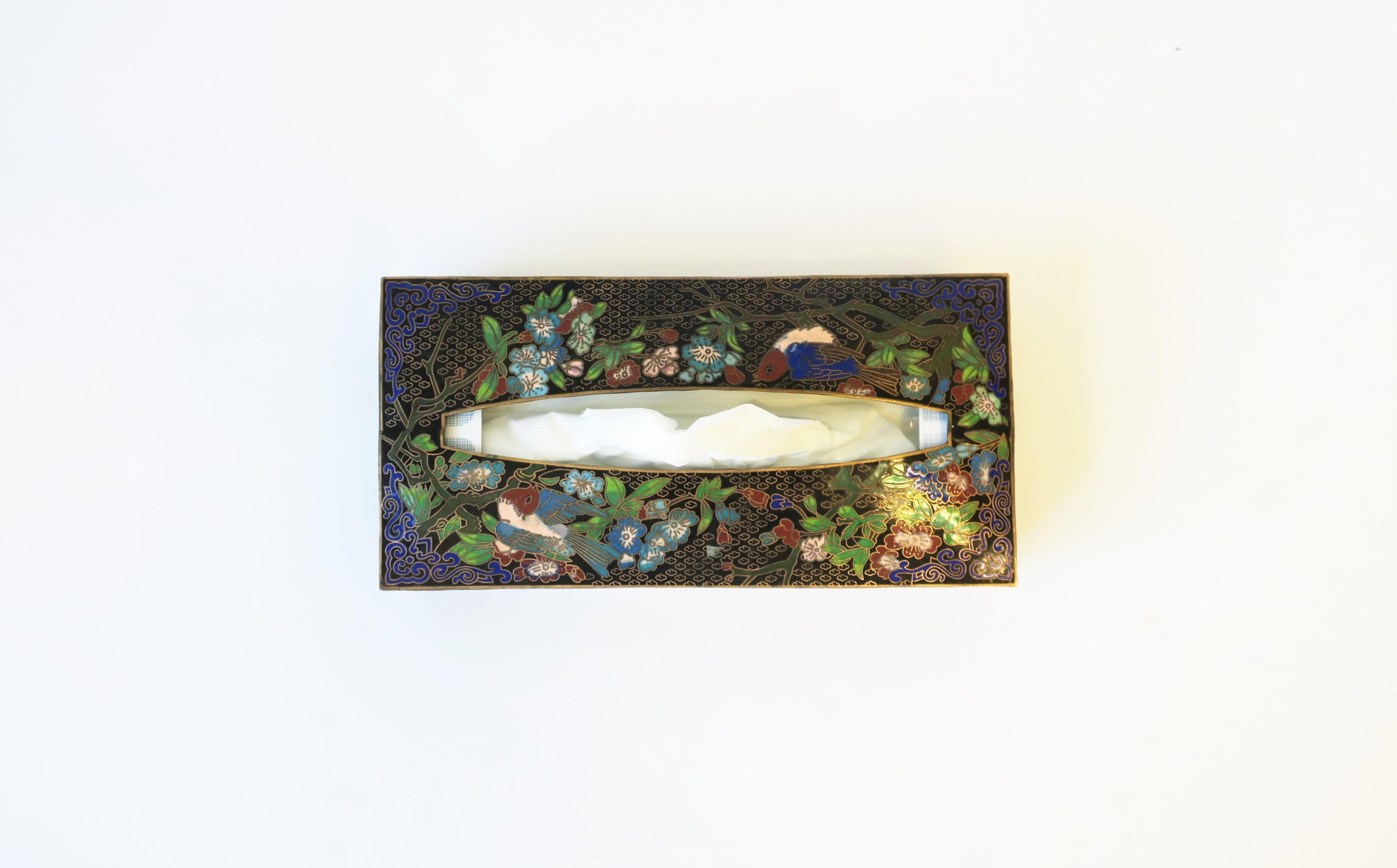Brass and Cloisonné Enamel Tissue Box Holder Cover with Birds and Flowers 2