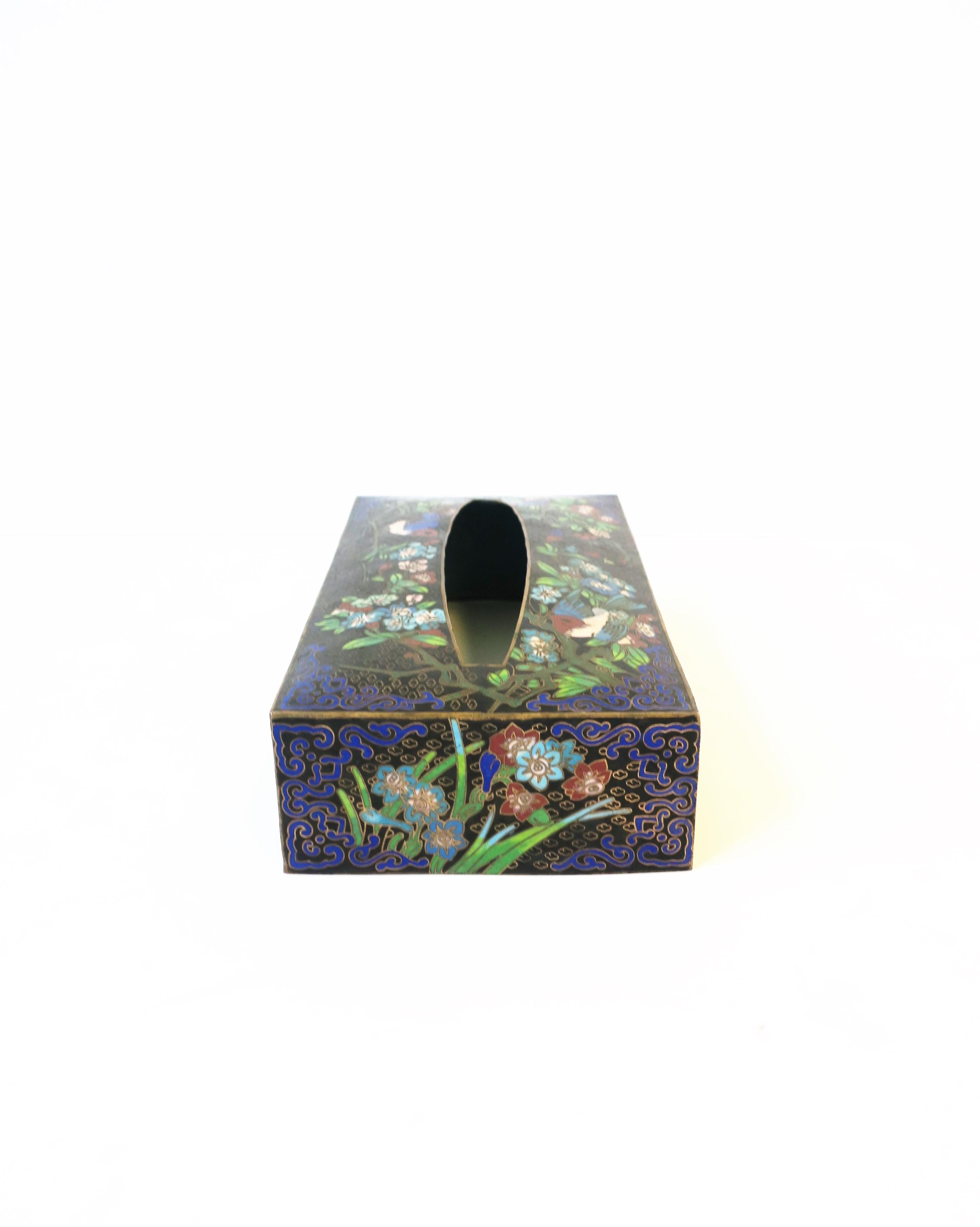 Cloissoné Brass and Cloisonné Enamel Tissue Box Holder Cover with Birds and Flowers