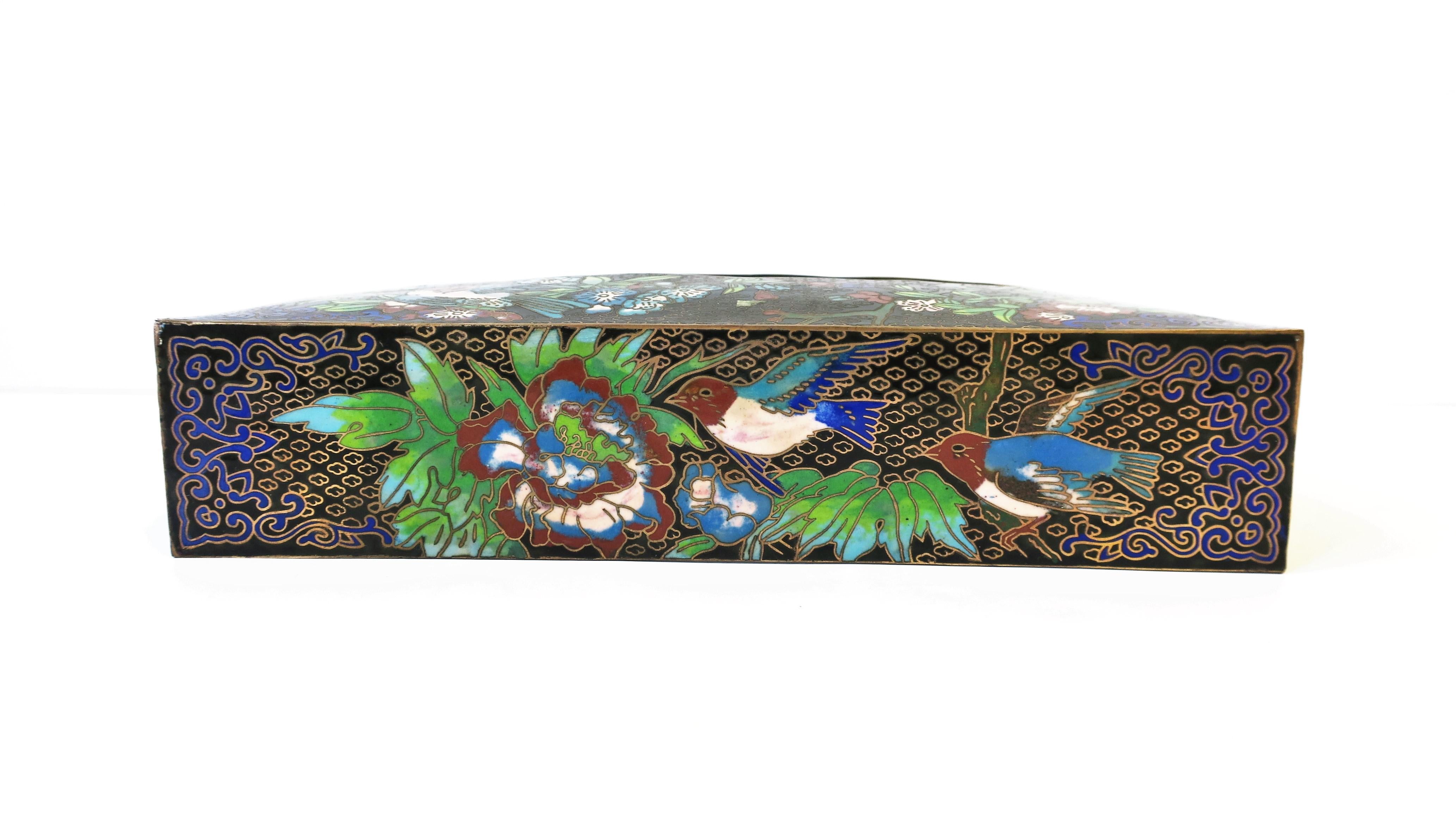 Brass and Cloisonné Enamel Tissue Box Holder Cover with Birds and Flowers In Good Condition In New York, NY