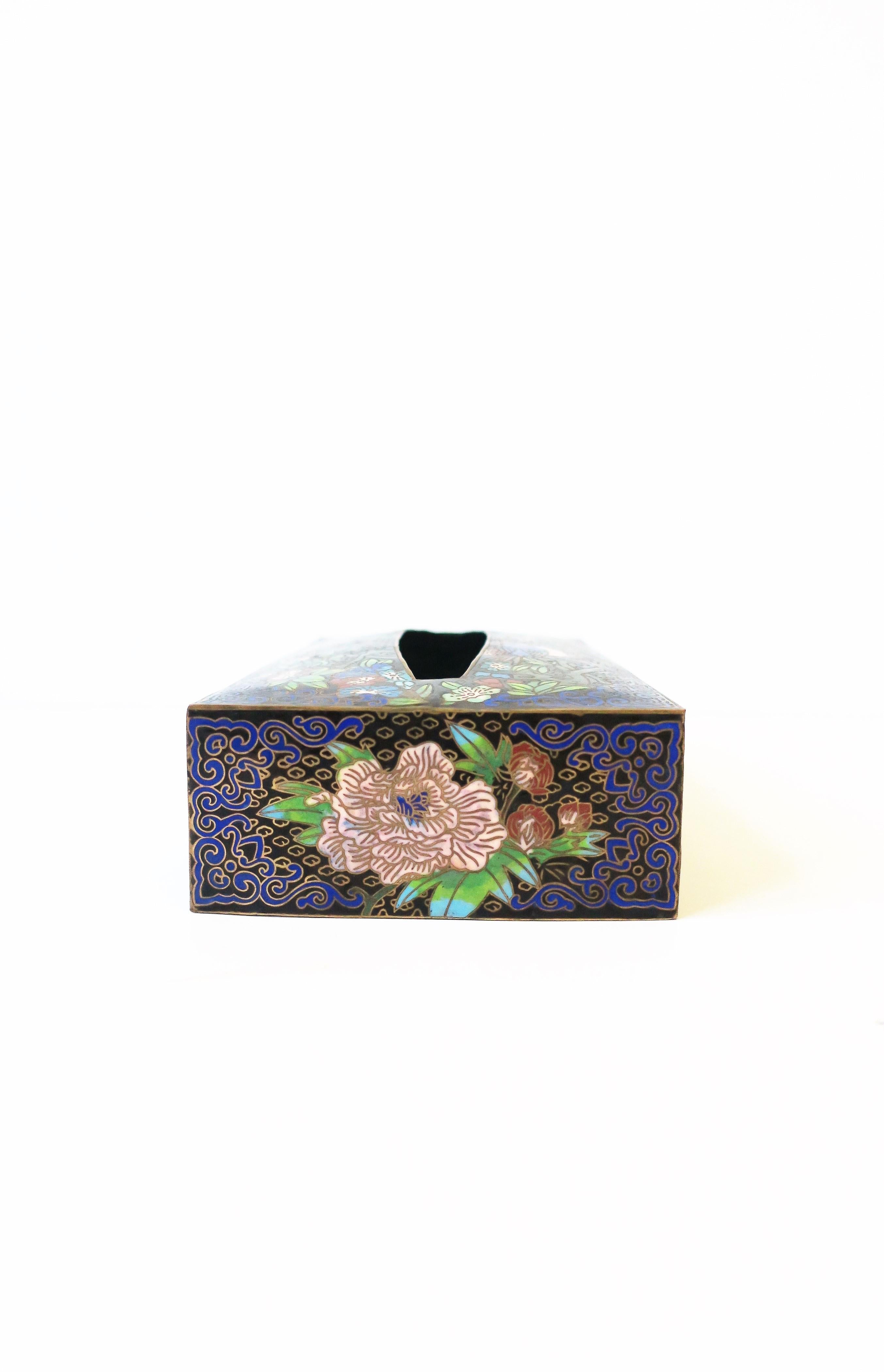 Late 20th Century Brass and Cloisonné Enamel Tissue Box Holder Cover with Birds and Flowers