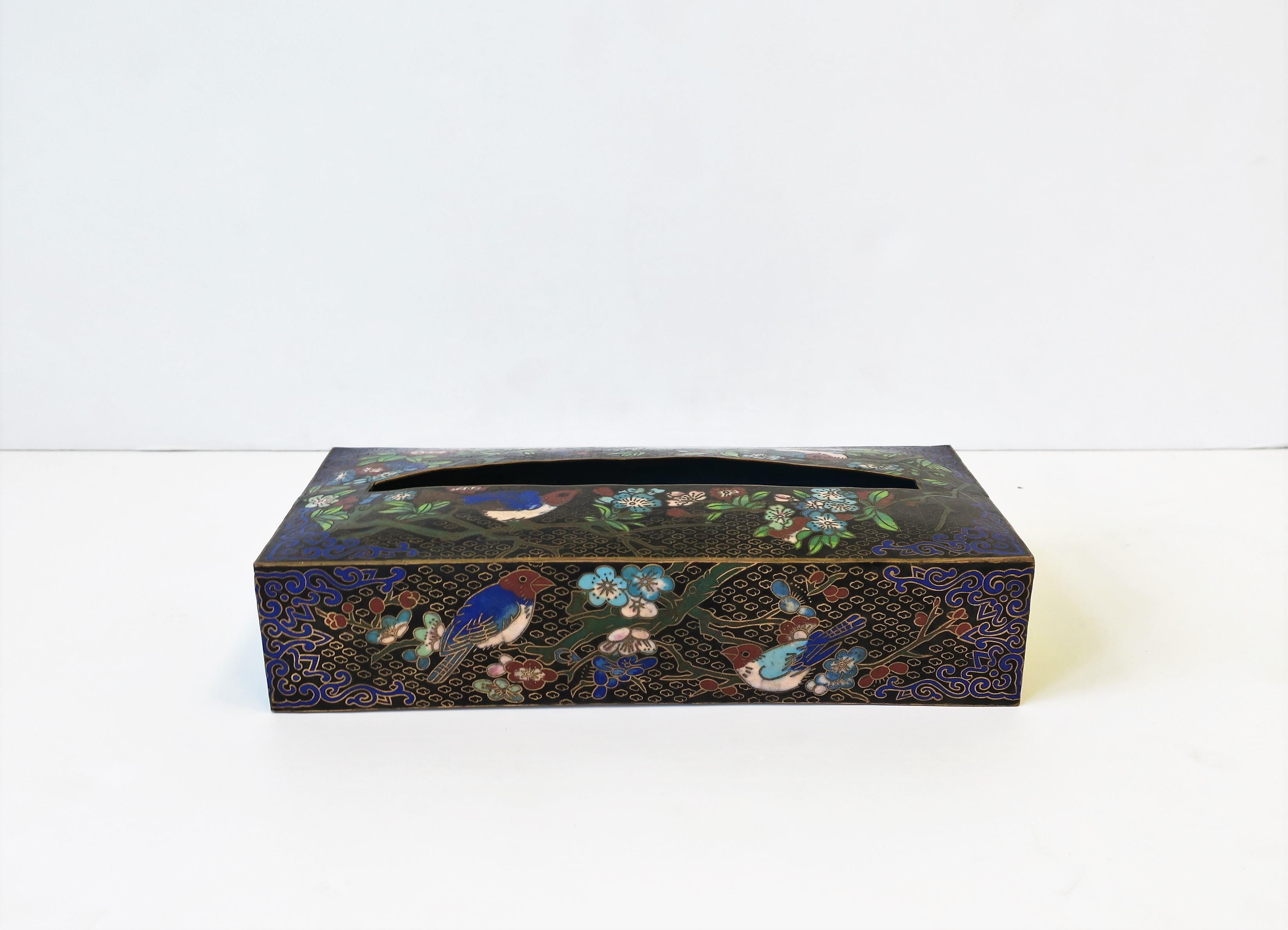 Brass and Cloisonné Enamel Tissue Box Holder Cover with Birds and Flowers 1