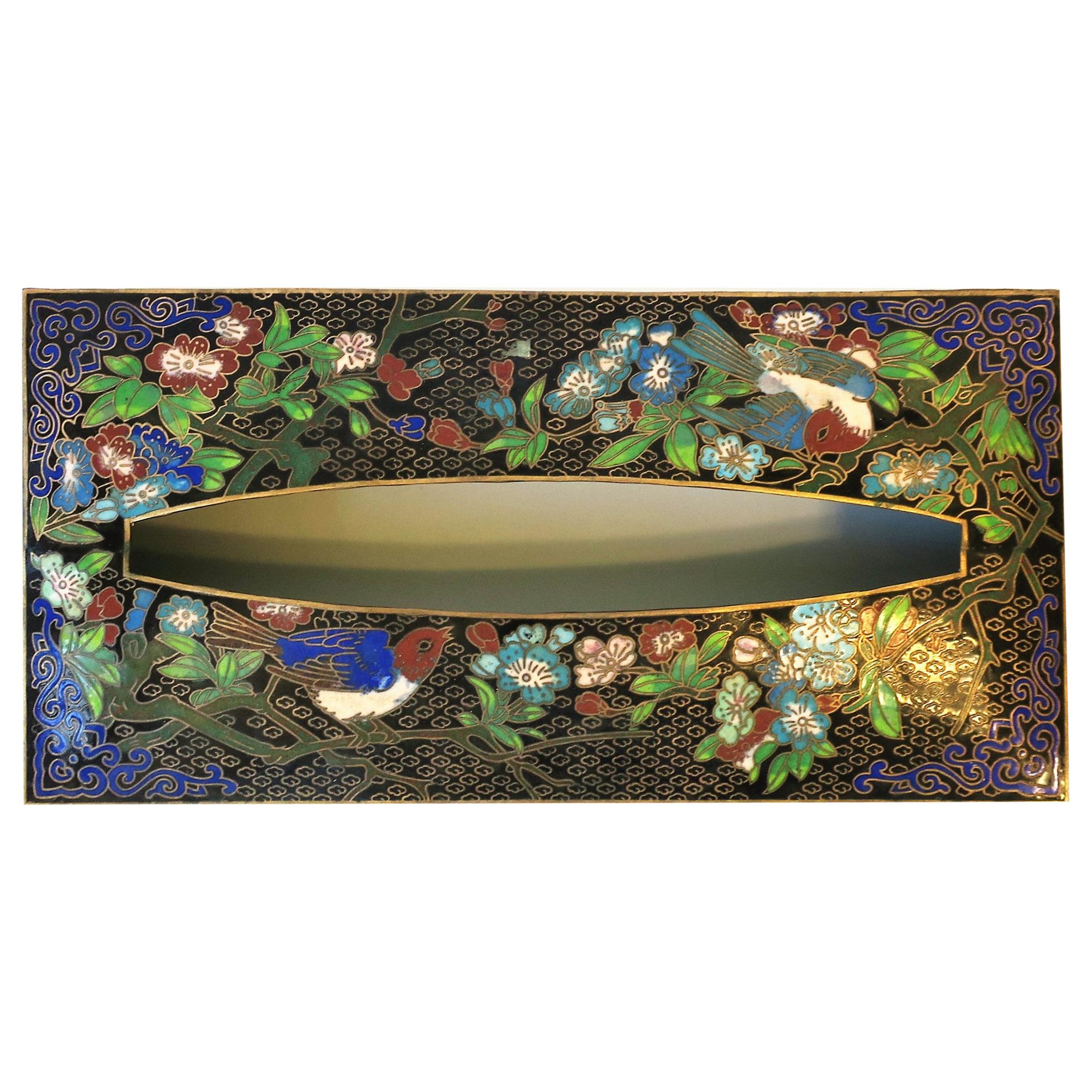 Brass and Cloisonné Enamel Tissue Box Holder Cover with Birds and Flowers