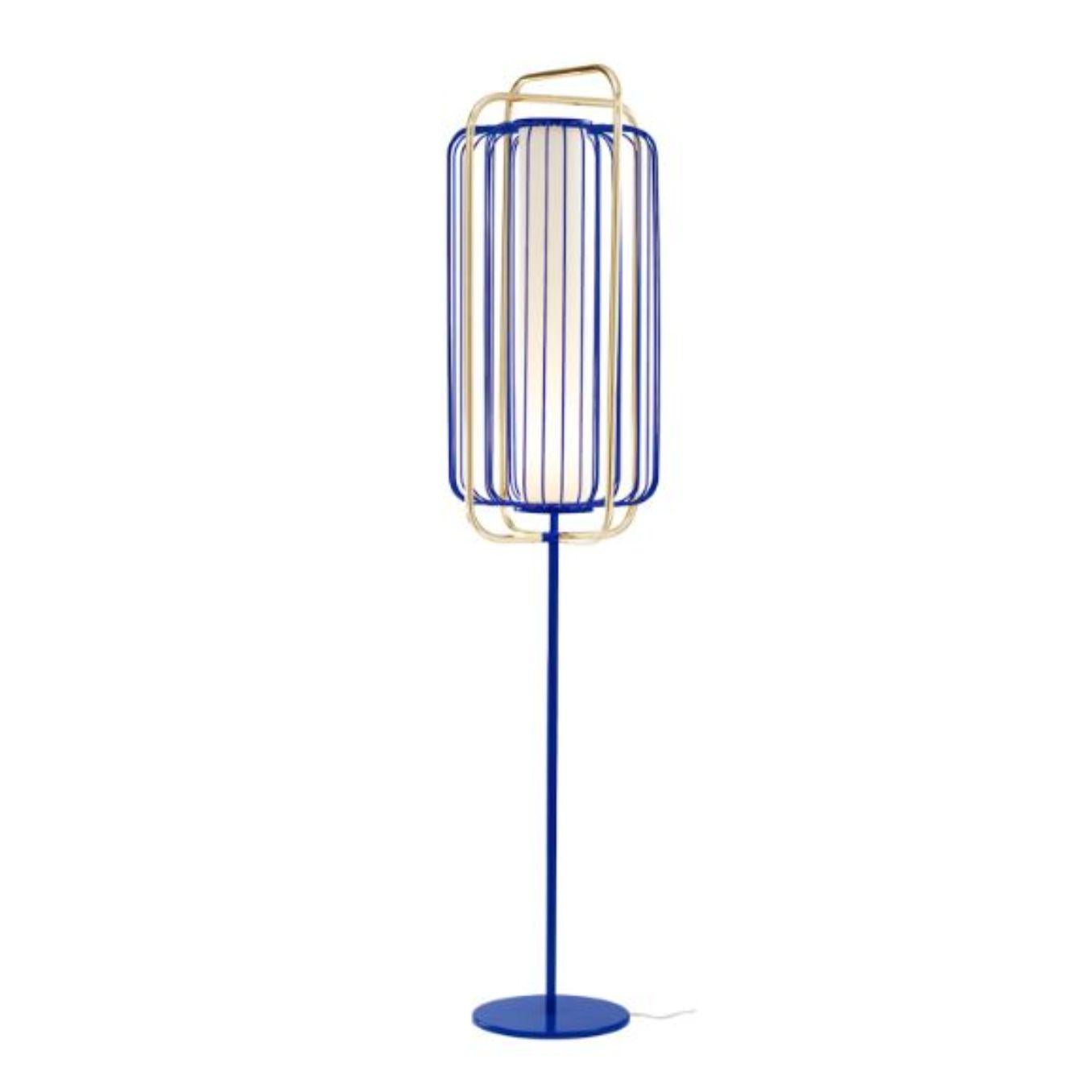 Brass and Cobalt Jules floor lamp by Dooq
Dimensions: W 38 x D 38 x H 177 cm
Materials: lacquered metal, polished or brushed metal, brass.
Abat-jour: cotton
Also available in different colors and materials. 

Information:
230V/50Hz
E27/1x20W
