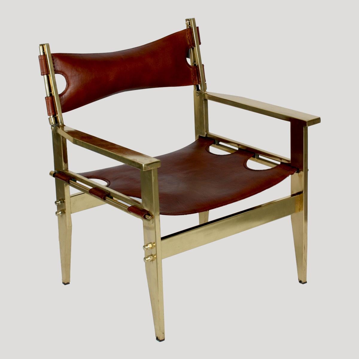 Mid-Century Modern Brass and Cognac Leather Lounge Armchair