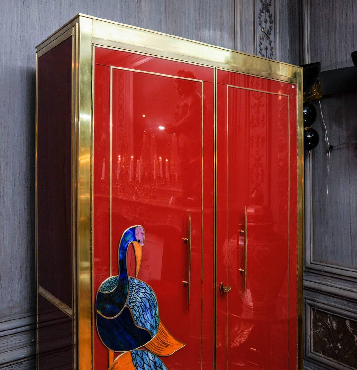Modern Brass and Colored Glass Cabinet
