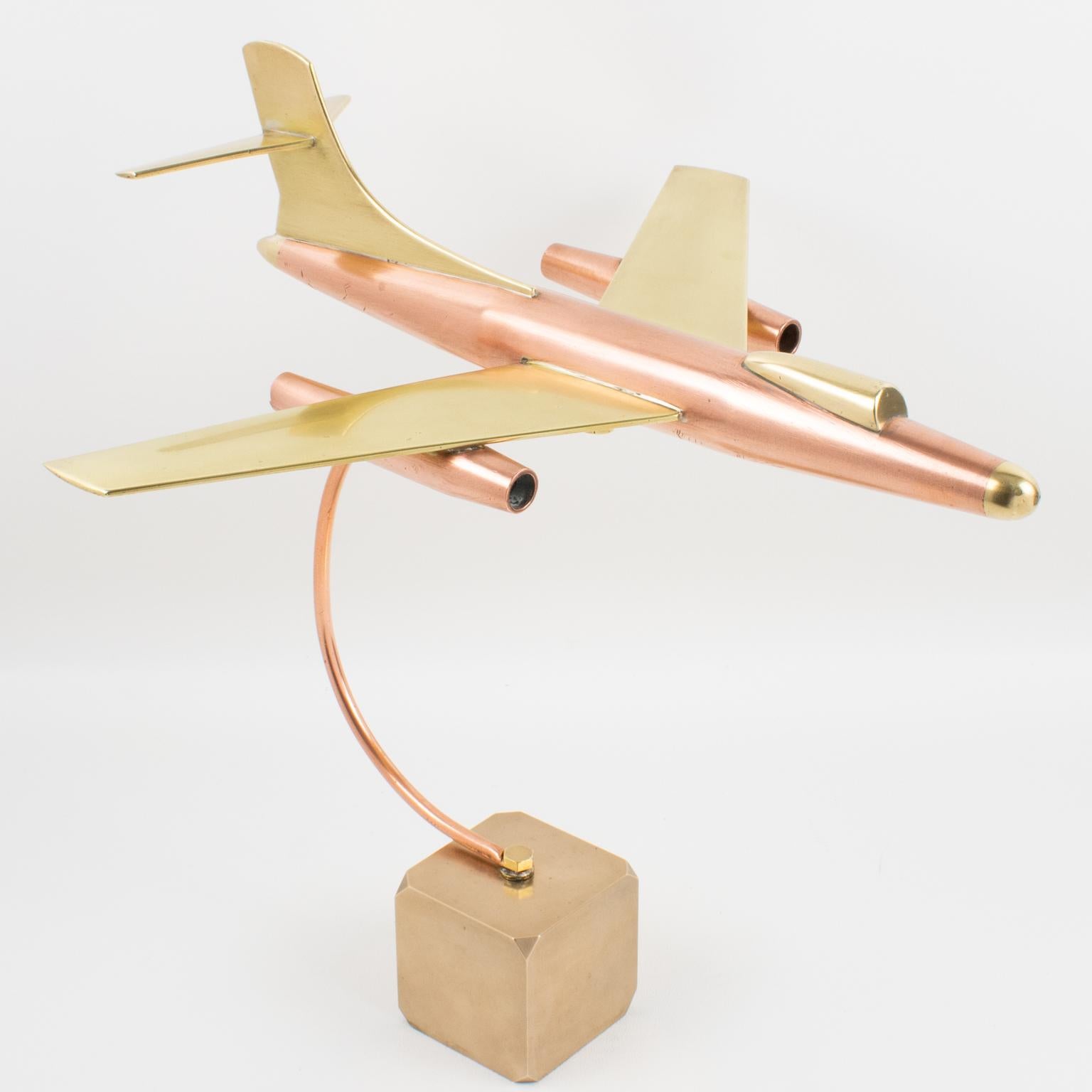Mid-Century Modern Brass and Copper Airplane Jet Aviation Model, France 1960s For Sale