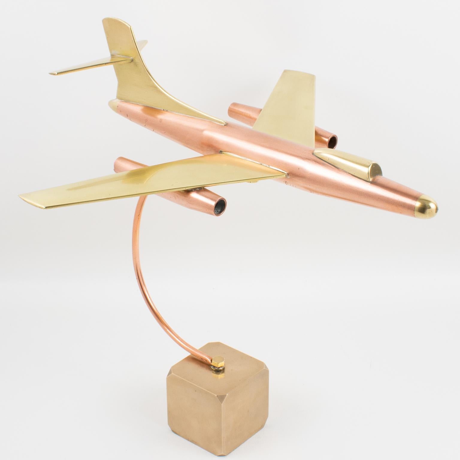French Brass and Copper Airplane Jet Aviation Model, France circa 1960 For Sale
