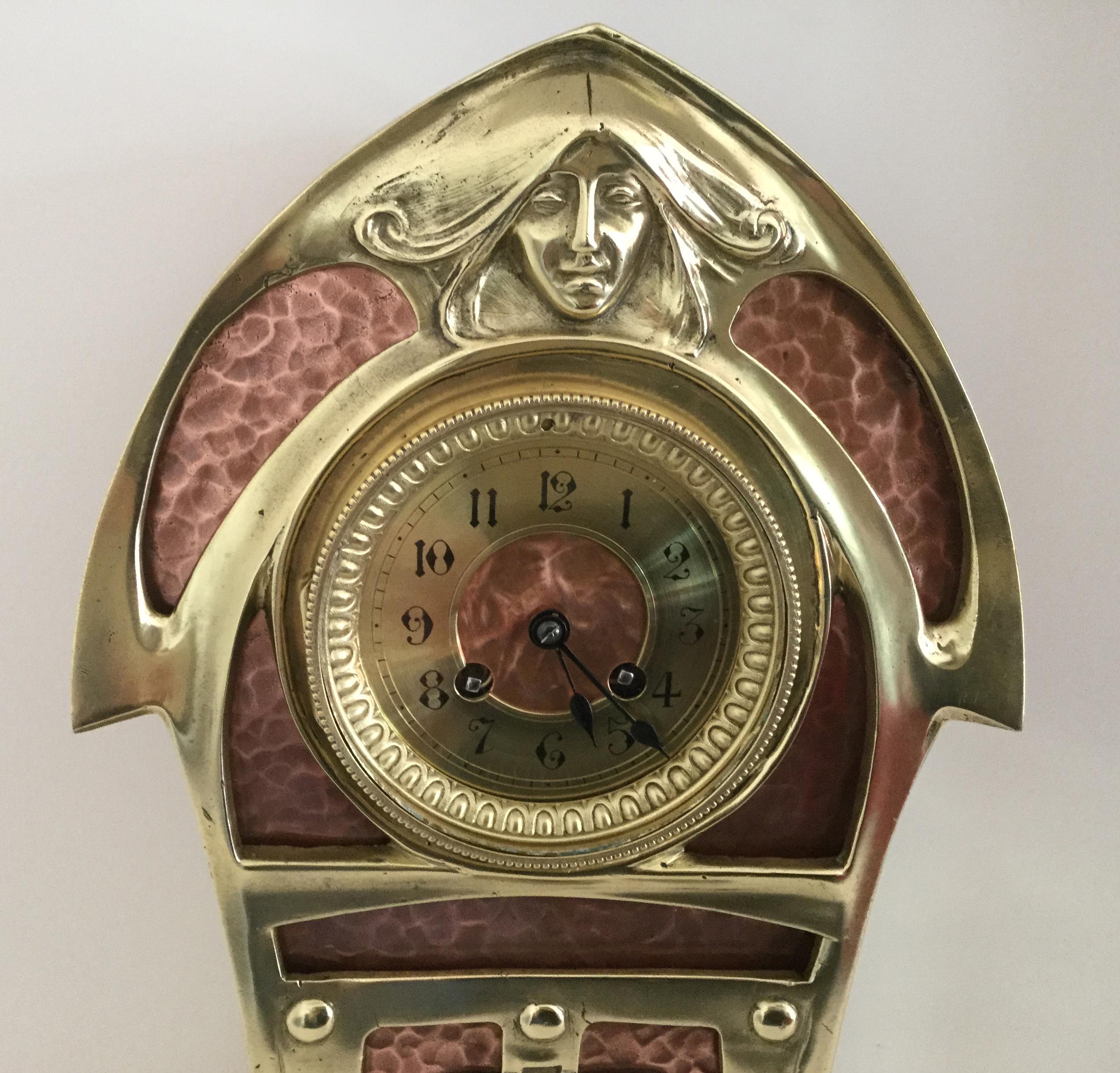 Hammered Unique Art Nouveau French Mantel Clock, Brass & Copper Case, circa 1900 For Sale