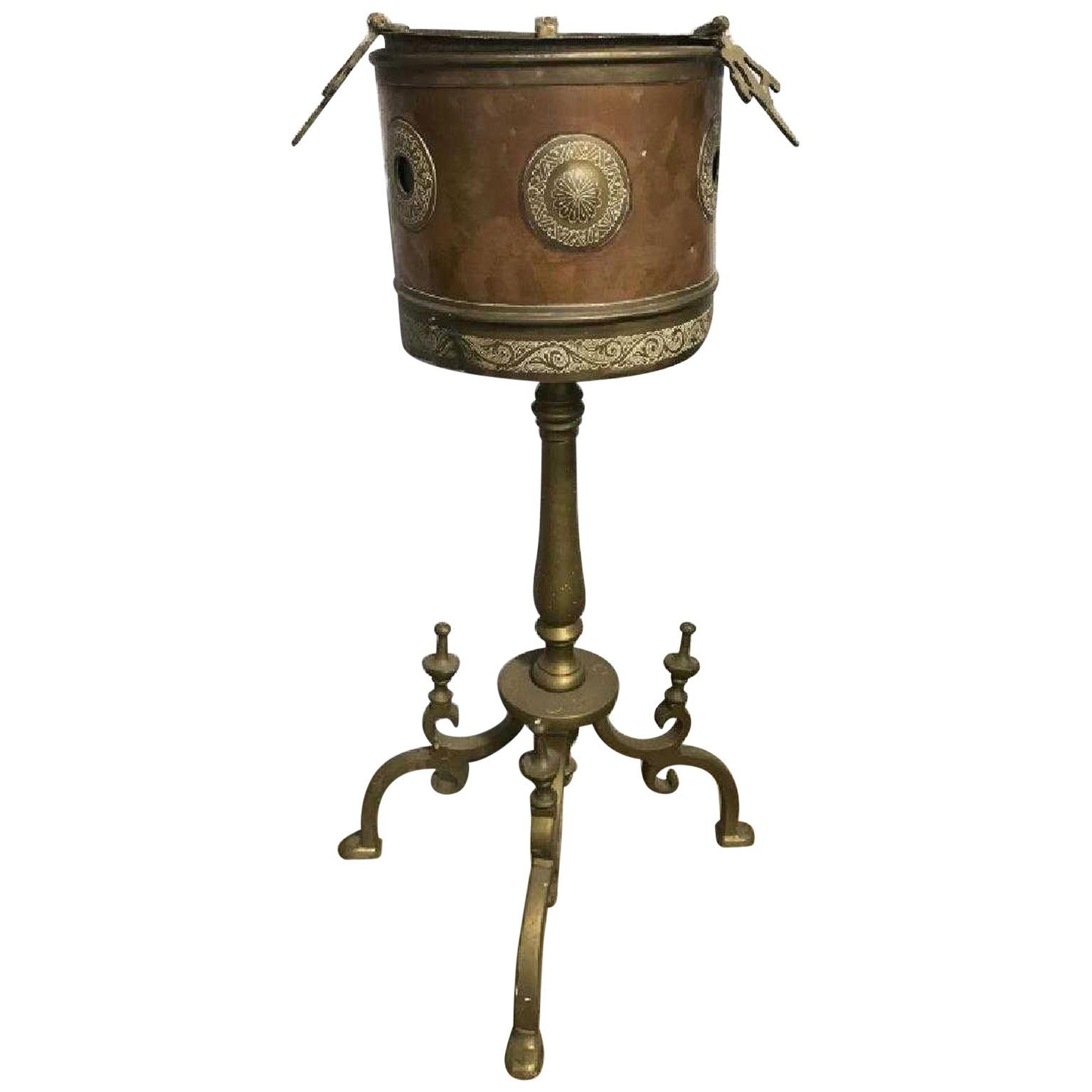 Brass and Copper Champagne Bucket with Tripod Metal Plant Stand