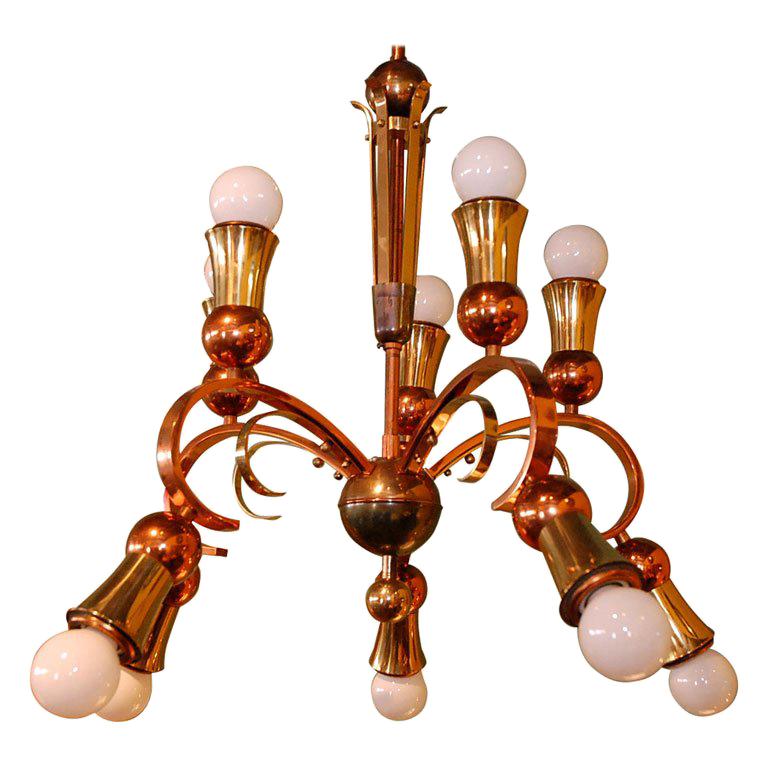 Brass and Copper Chandelier For Sale