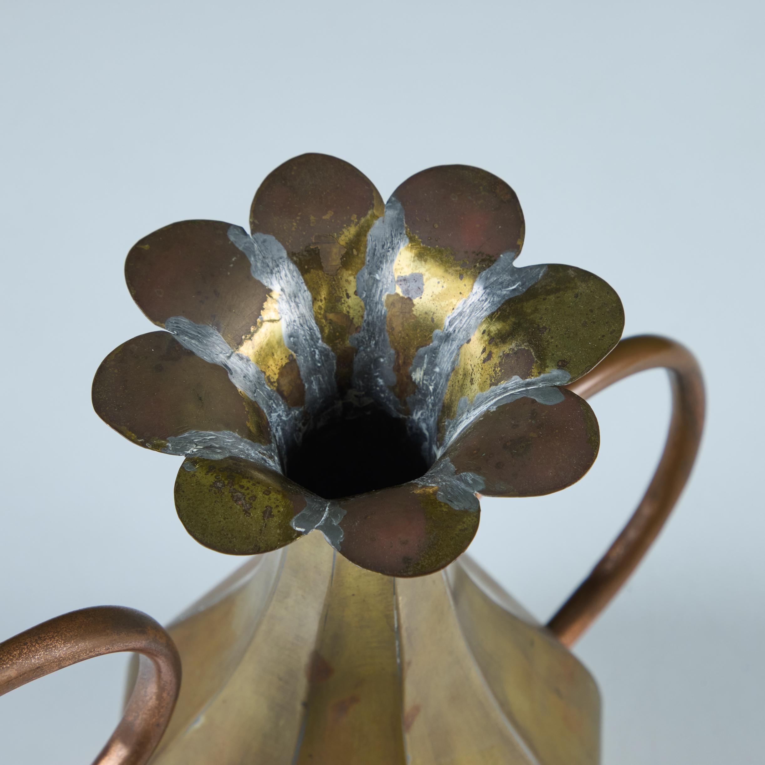 Brass and Copper Floral Pitcher For Sale 5