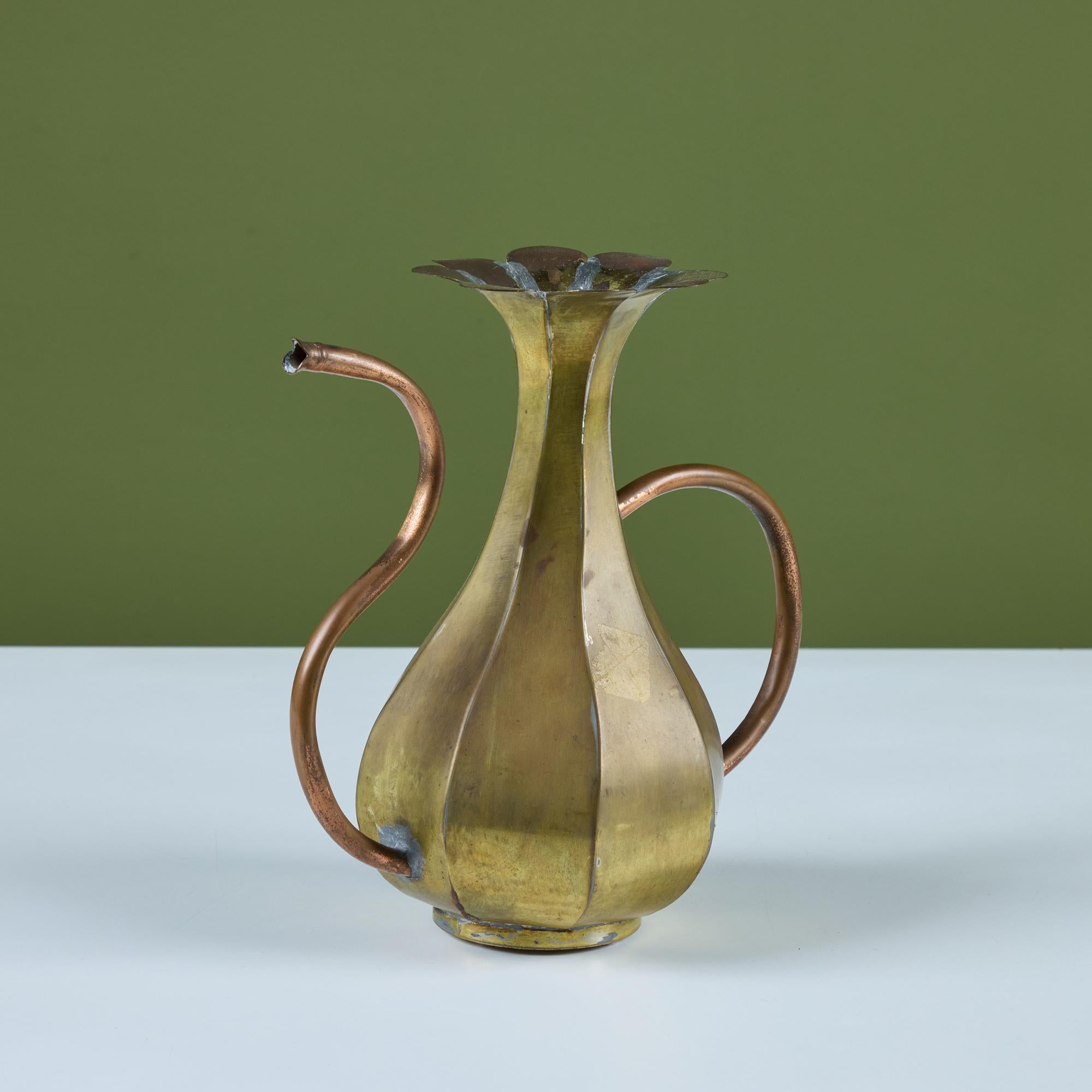 Mid-Century Modern Brass and Copper Floral Pitcher For Sale