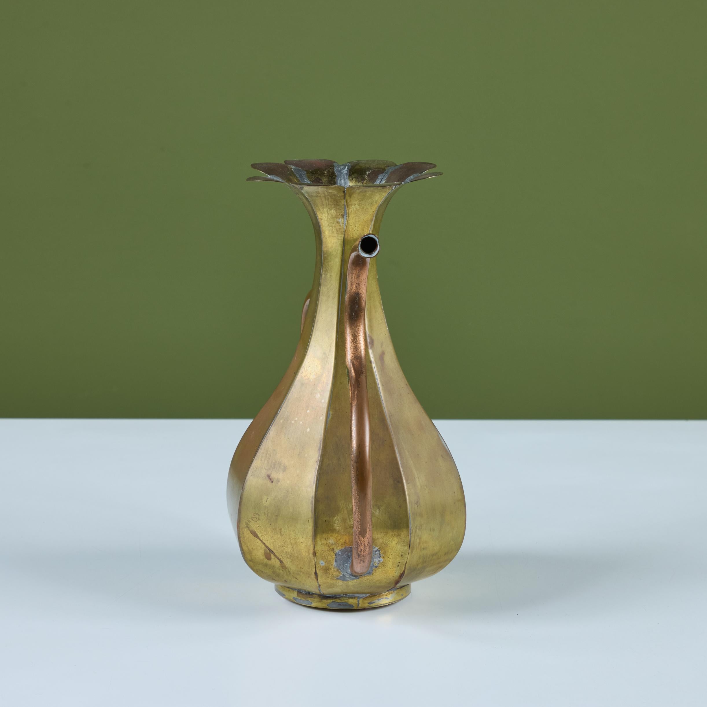 Brass and Copper Floral Pitcher In Good Condition For Sale In Los Angeles, CA