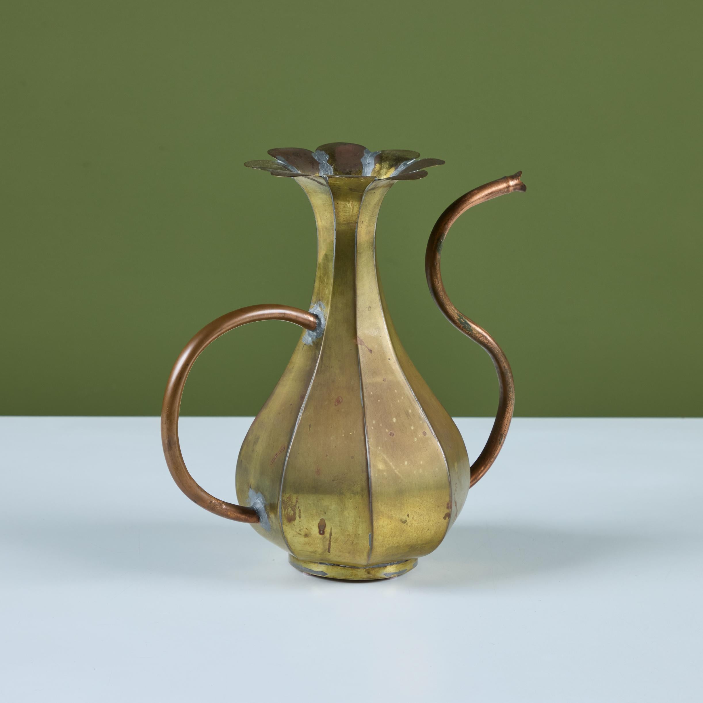Brass and Copper Floral Pitcher For Sale 1