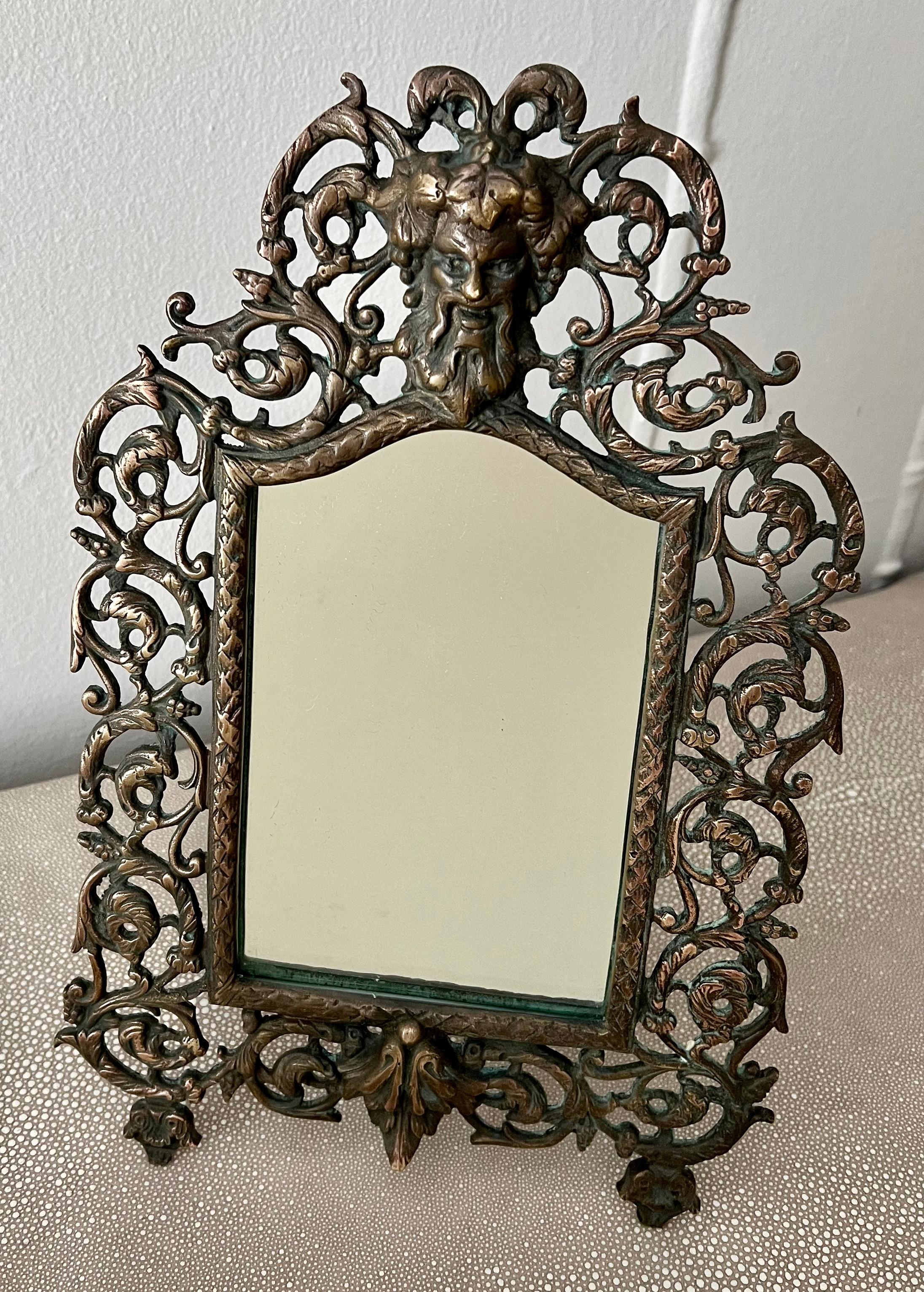 American Empire Brass and Copper P. E. Guerin Framed Mirror with Repousse Satyr For Sale