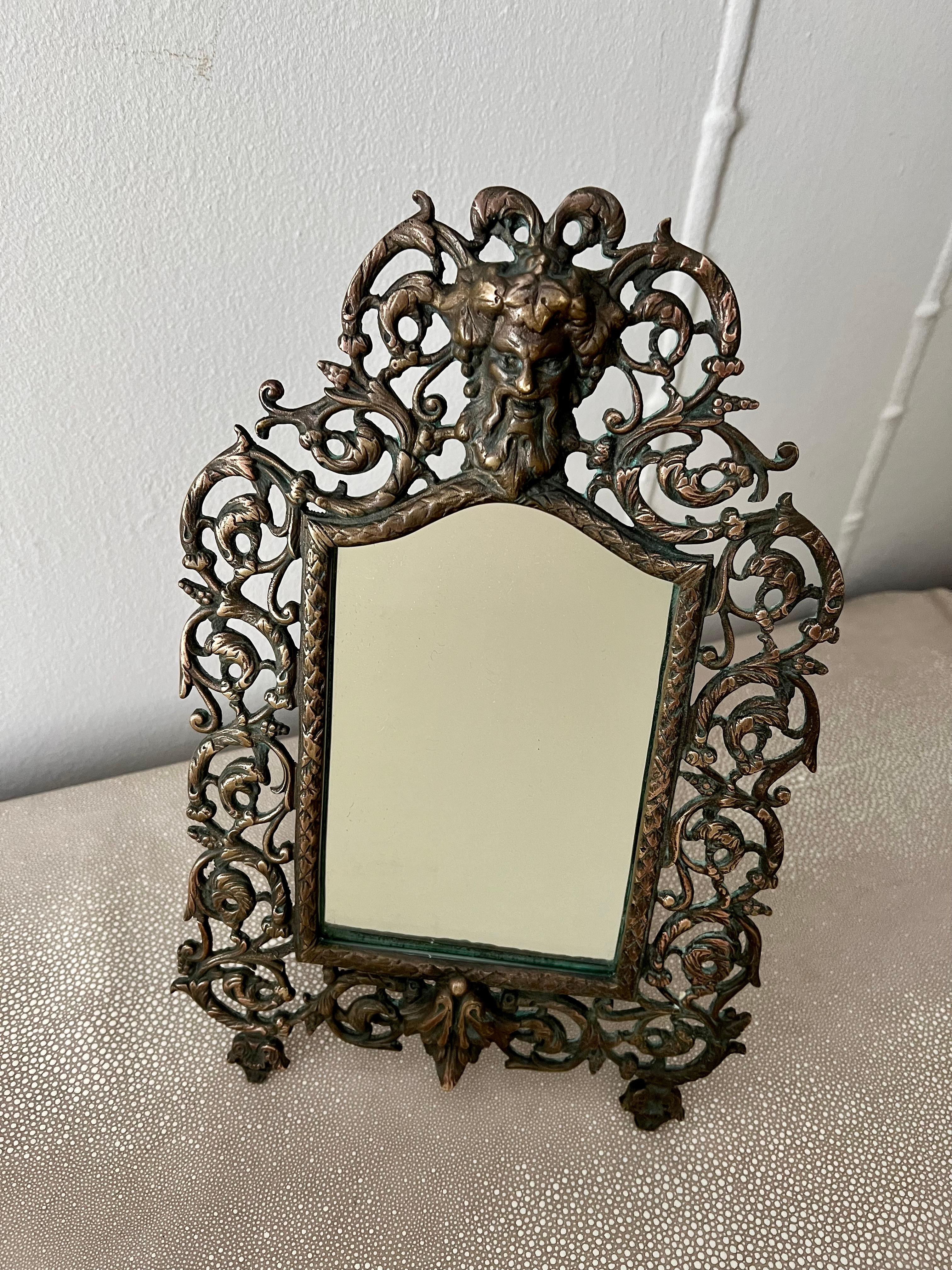Hand-Crafted Brass and Copper P. E. Guerin Framed Mirror with Repousse Satyr For Sale