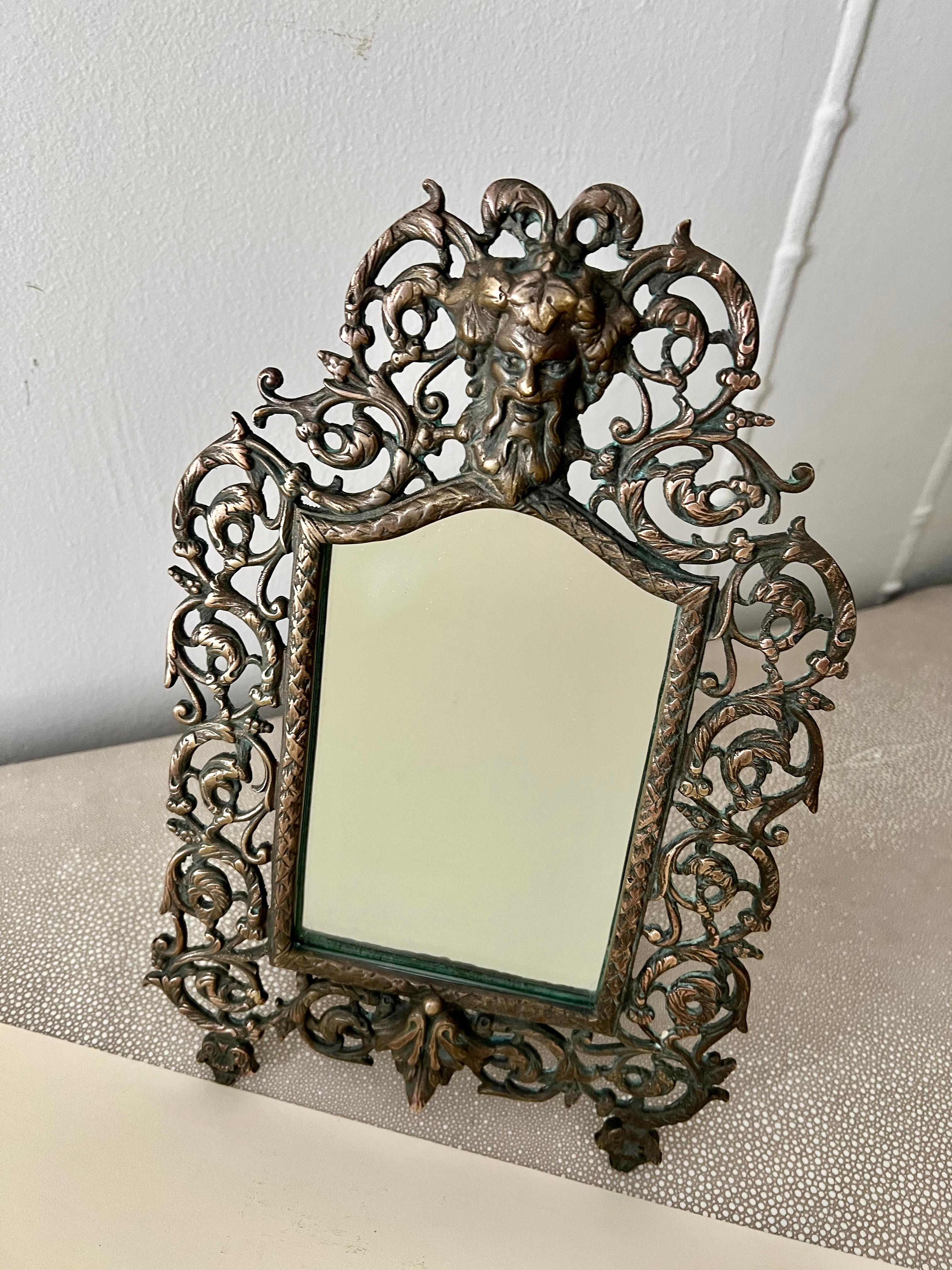 Brass and Copper P. E. Guerin Framed Mirror with Repousse Satyr For Sale 1