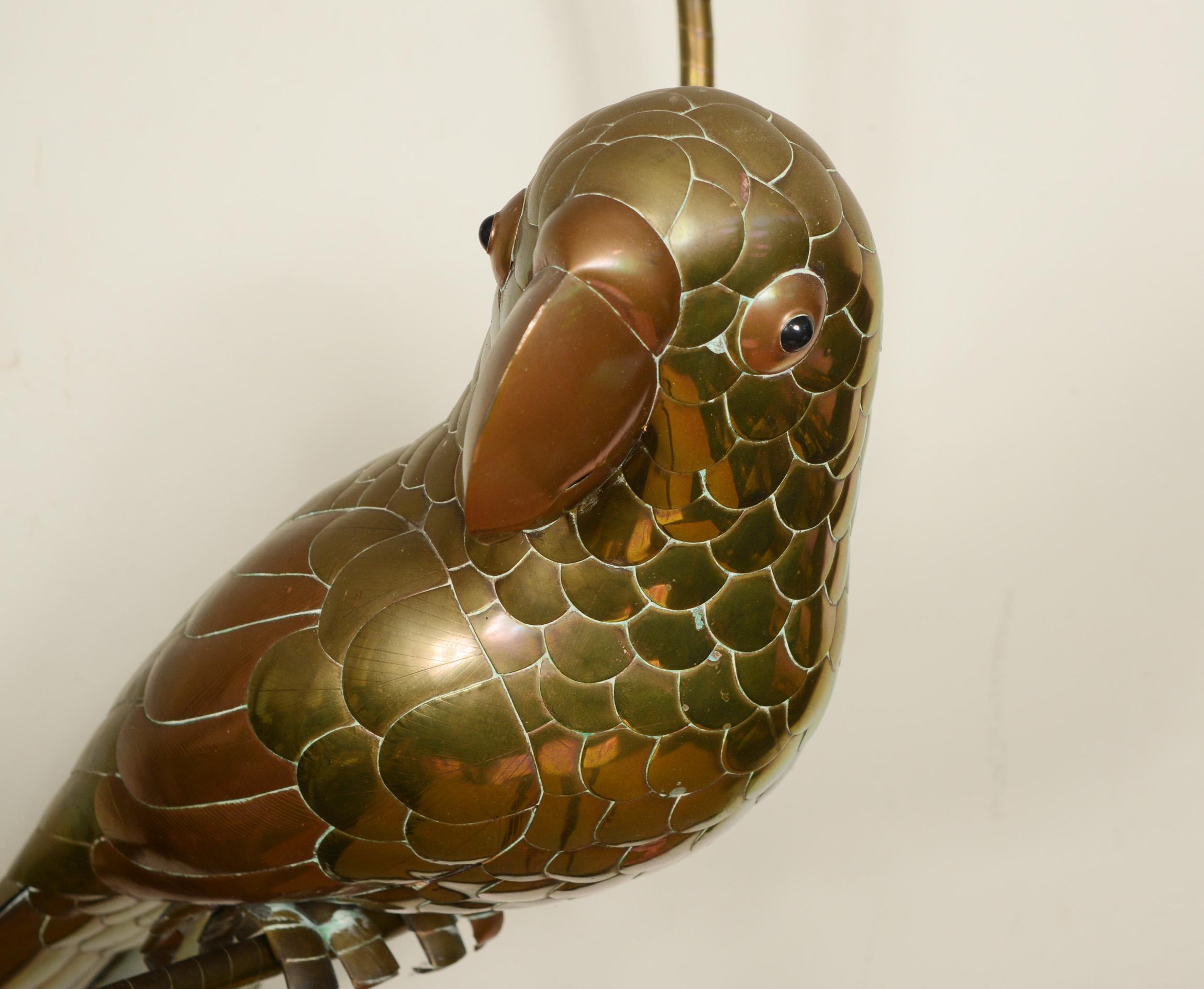 Mid-Century Modern Brass and Copper Parrot Sculpture by Sergio Bustamante