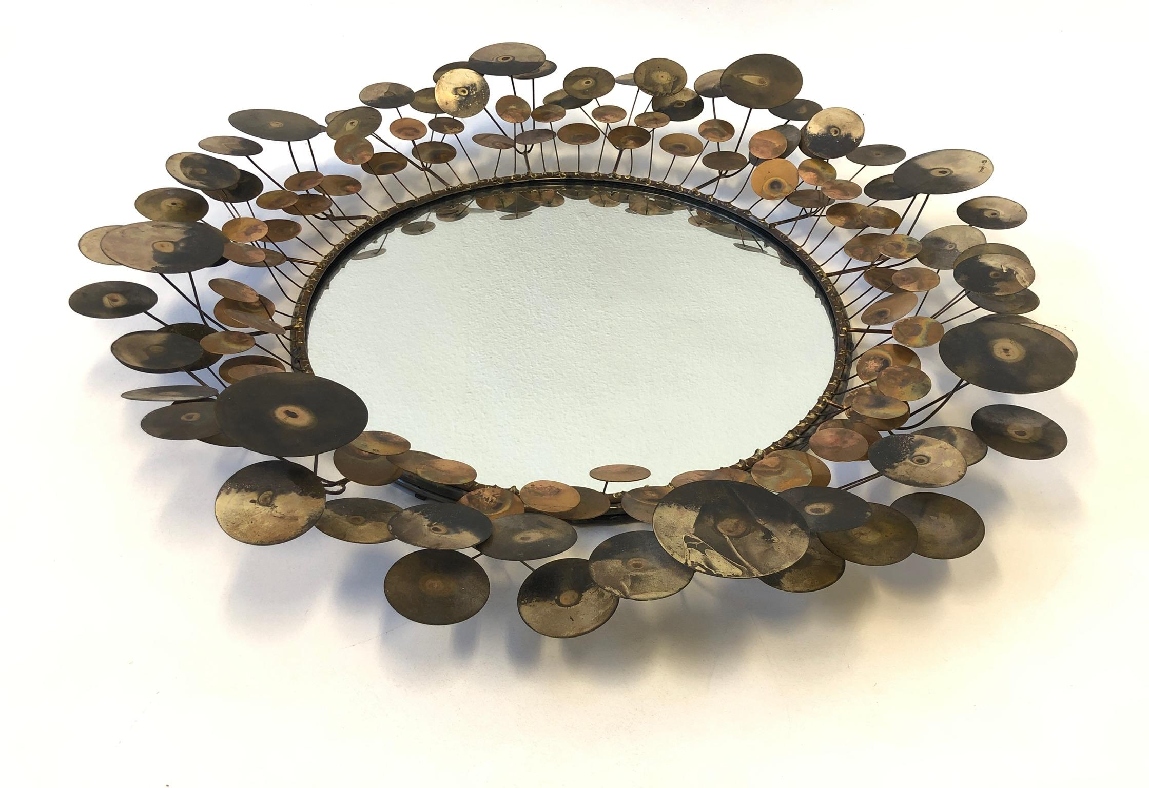 Mid-Century Modern Brass and Copper “Raindrops” Mirror by Curtis Jeré