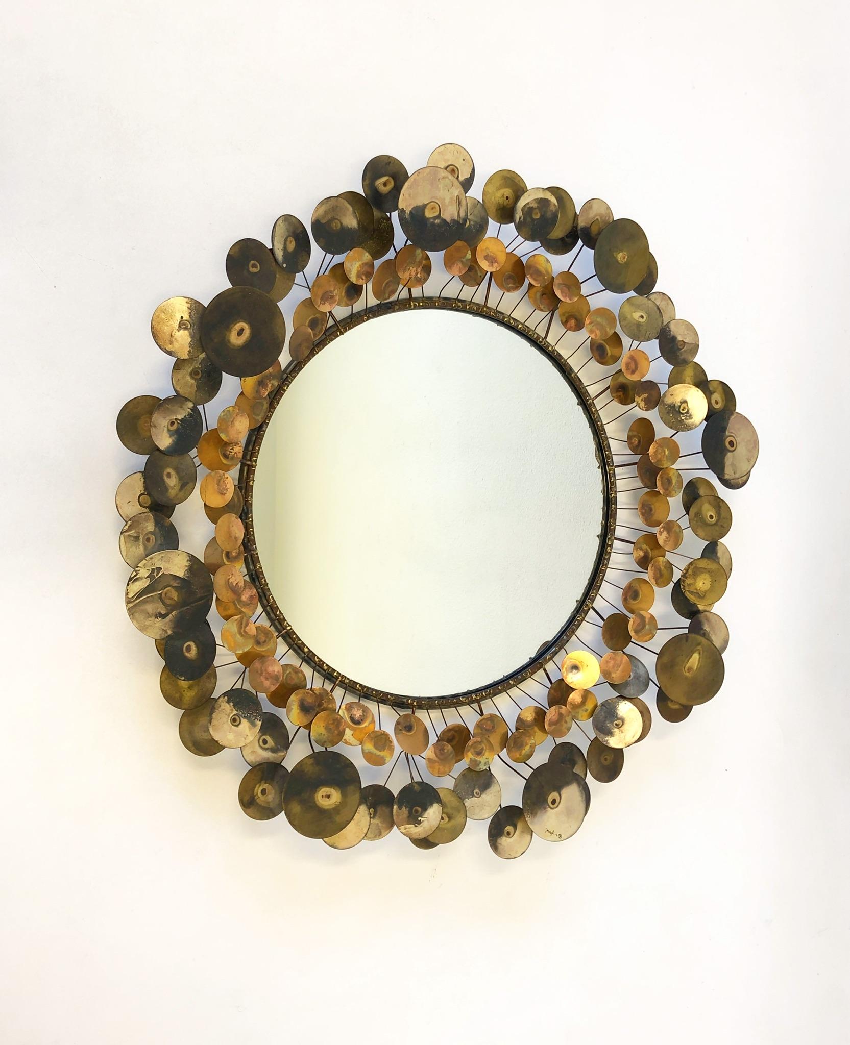 Late 20th Century Brass and Copper “Raindrops” Mirror by Curtis Jeré