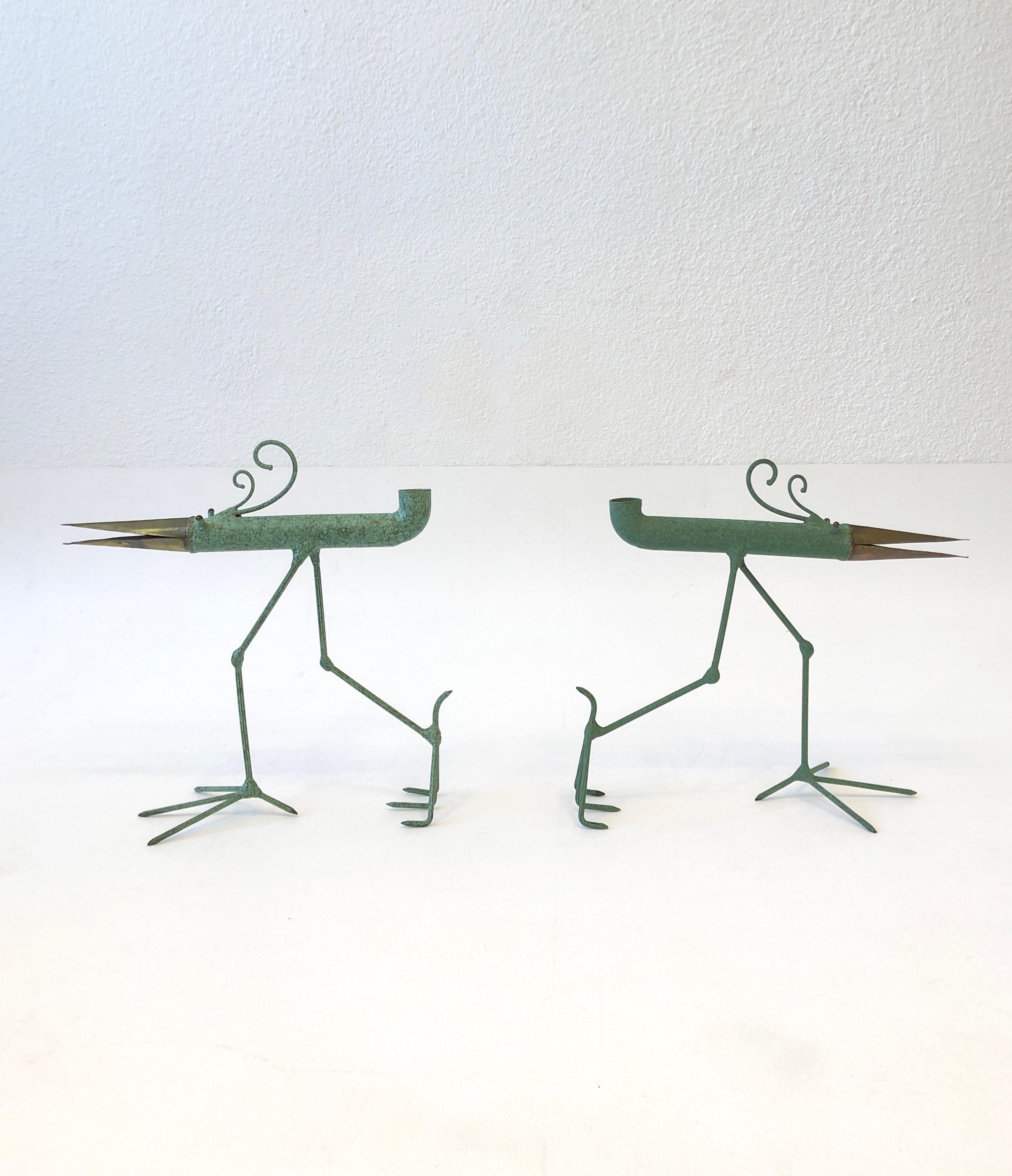 American Brass and Copper Sculptural Bird Candle Holders by Gino Bushini