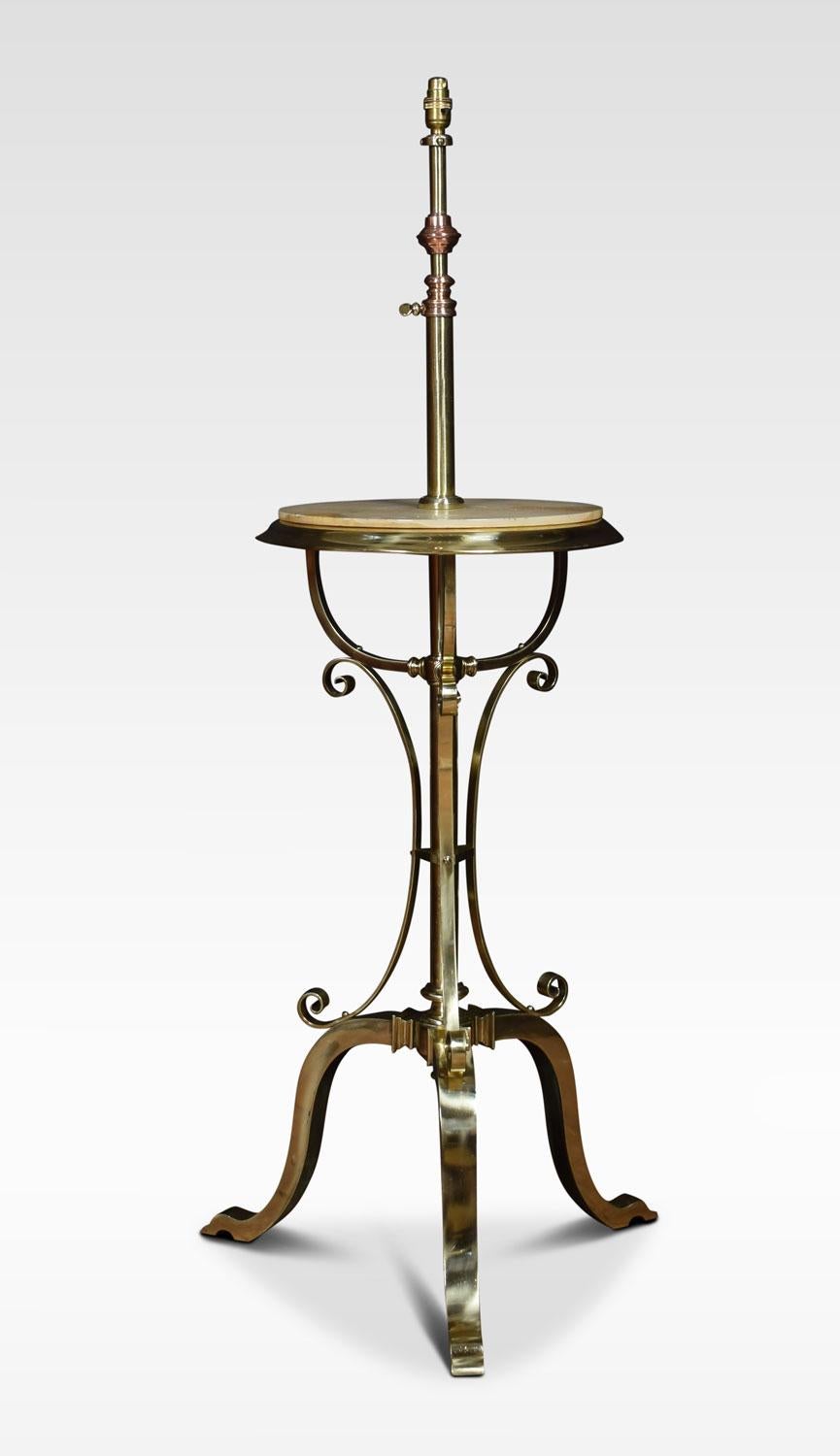 Brass and copper standard lamps the design attributed to W.A.S. Benson. With a central brass column and circular onyx shelf. All raised up on three square section scrolling legs, applied with strap work.
Dimensions:
Height 52 inches adjustable to