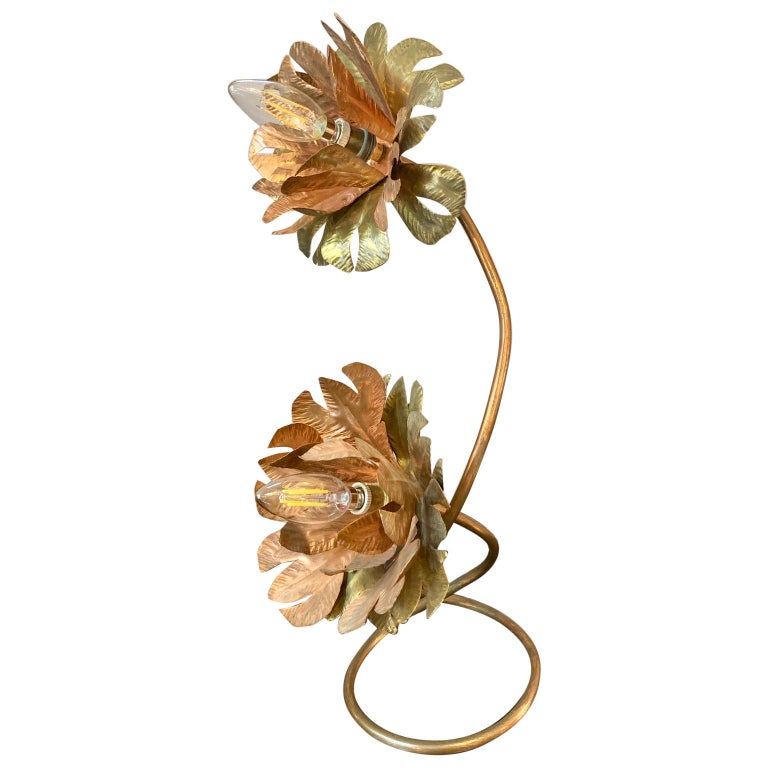 Brass And Copper Vintage Italian Flowers Table Lamp 1950s At 1stdibs