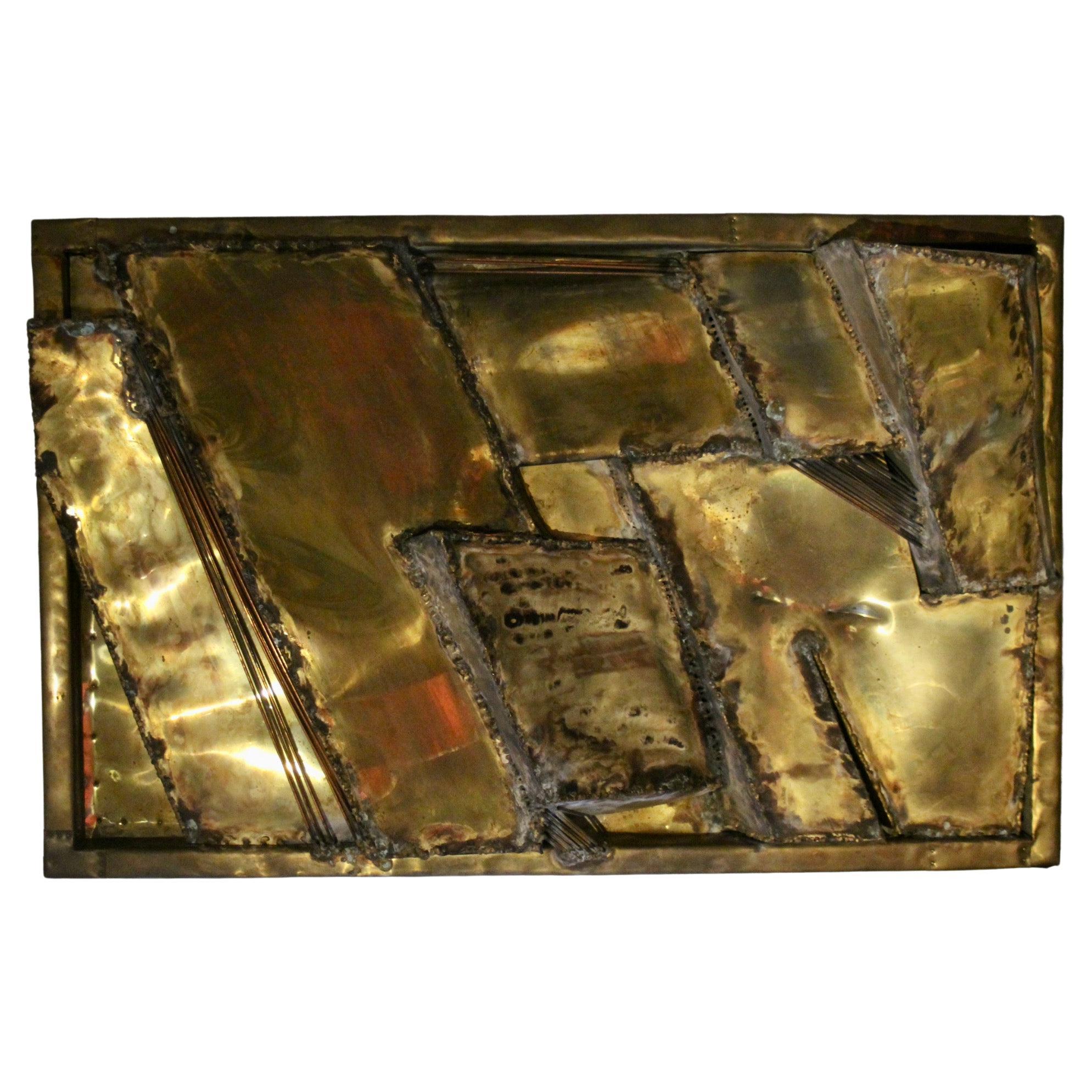 Brass and copper wall sculpture dated 1977 New York and signed For Sale