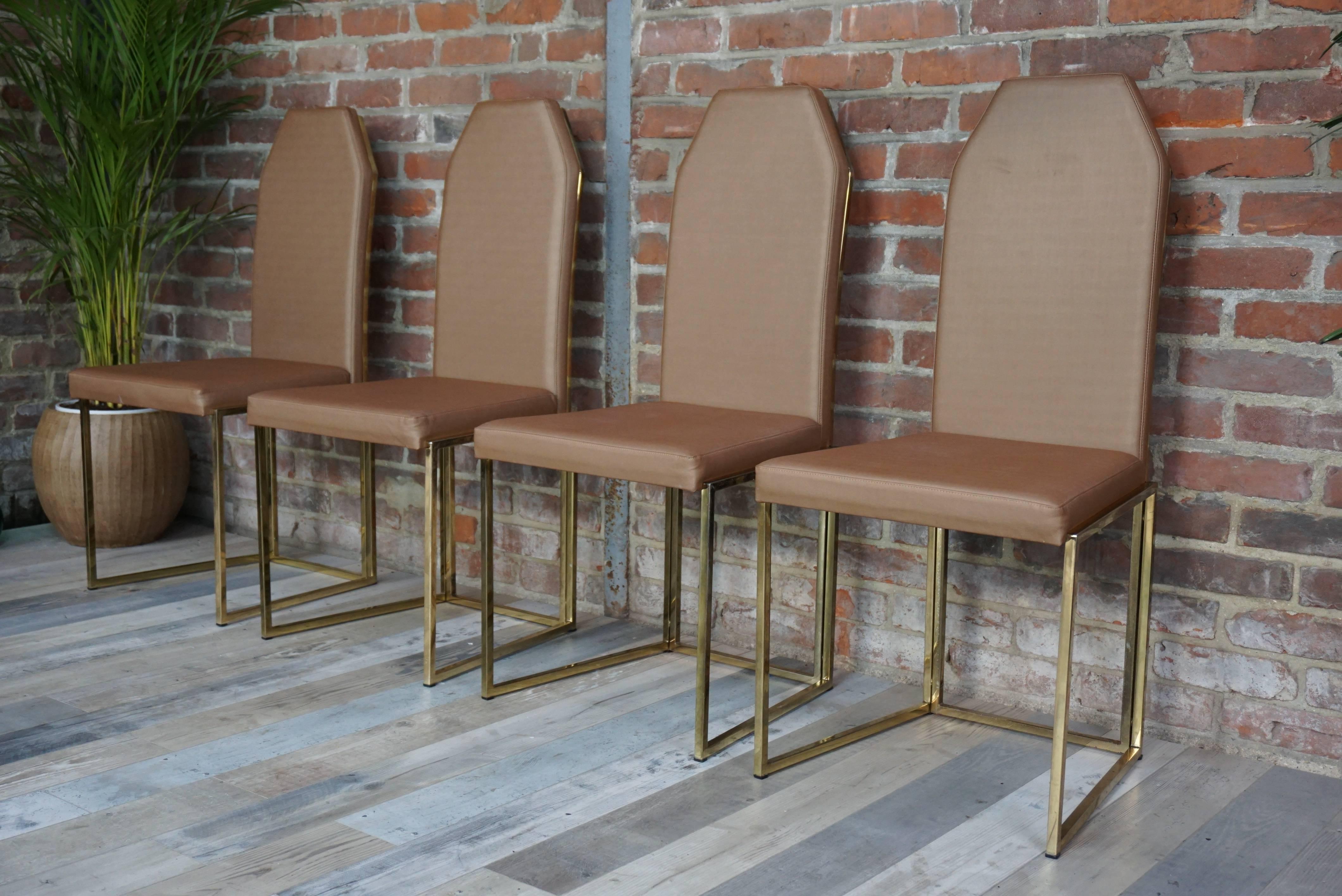 Elegant Dutch design set of four chairs Belgo Chrome with beautiful patina brass base and coppered fabric seat and back.