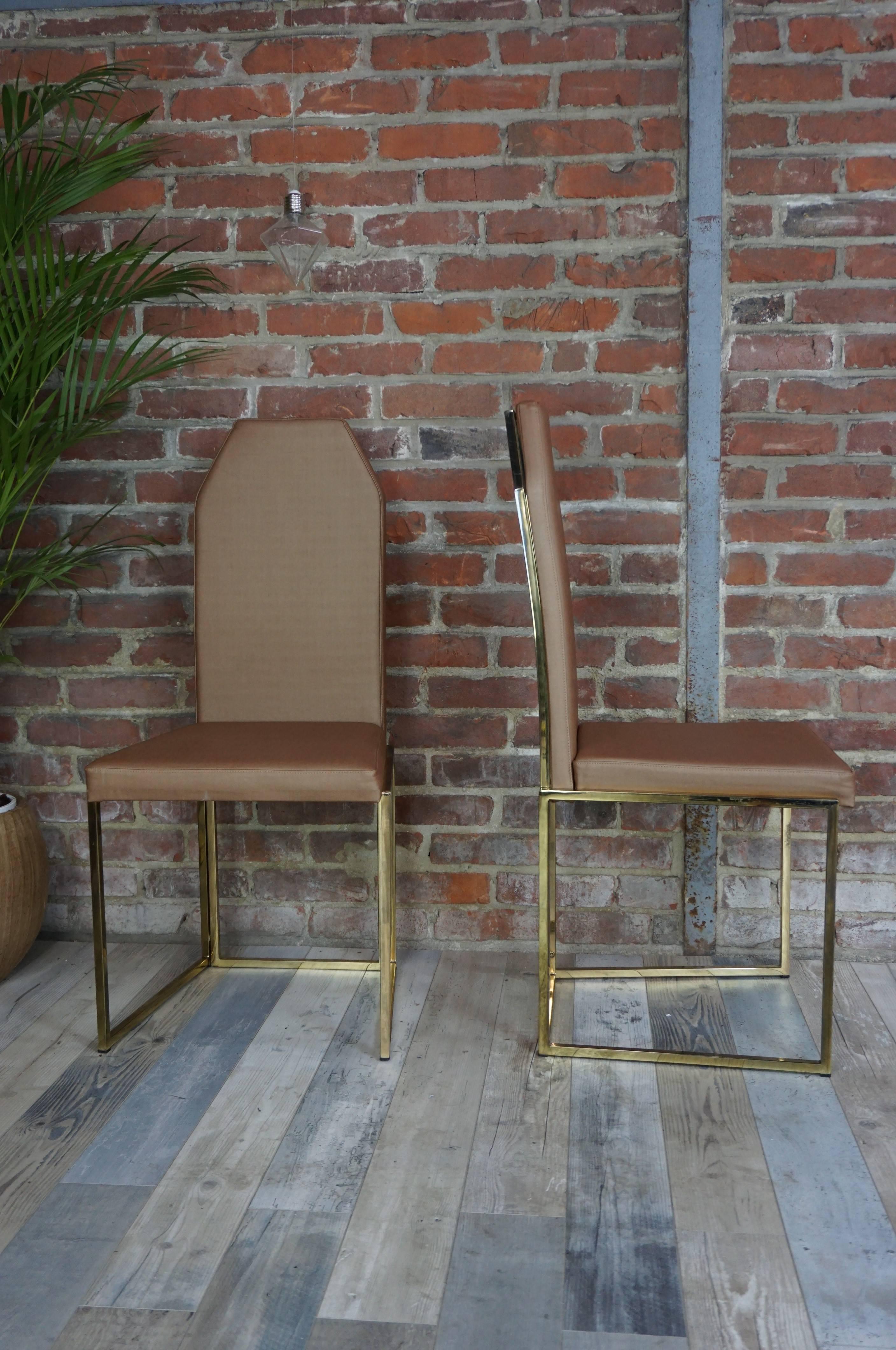 20th Century Brass and Coppered Fabric Dutch Design Set of Four Chairs Belgo Chrome