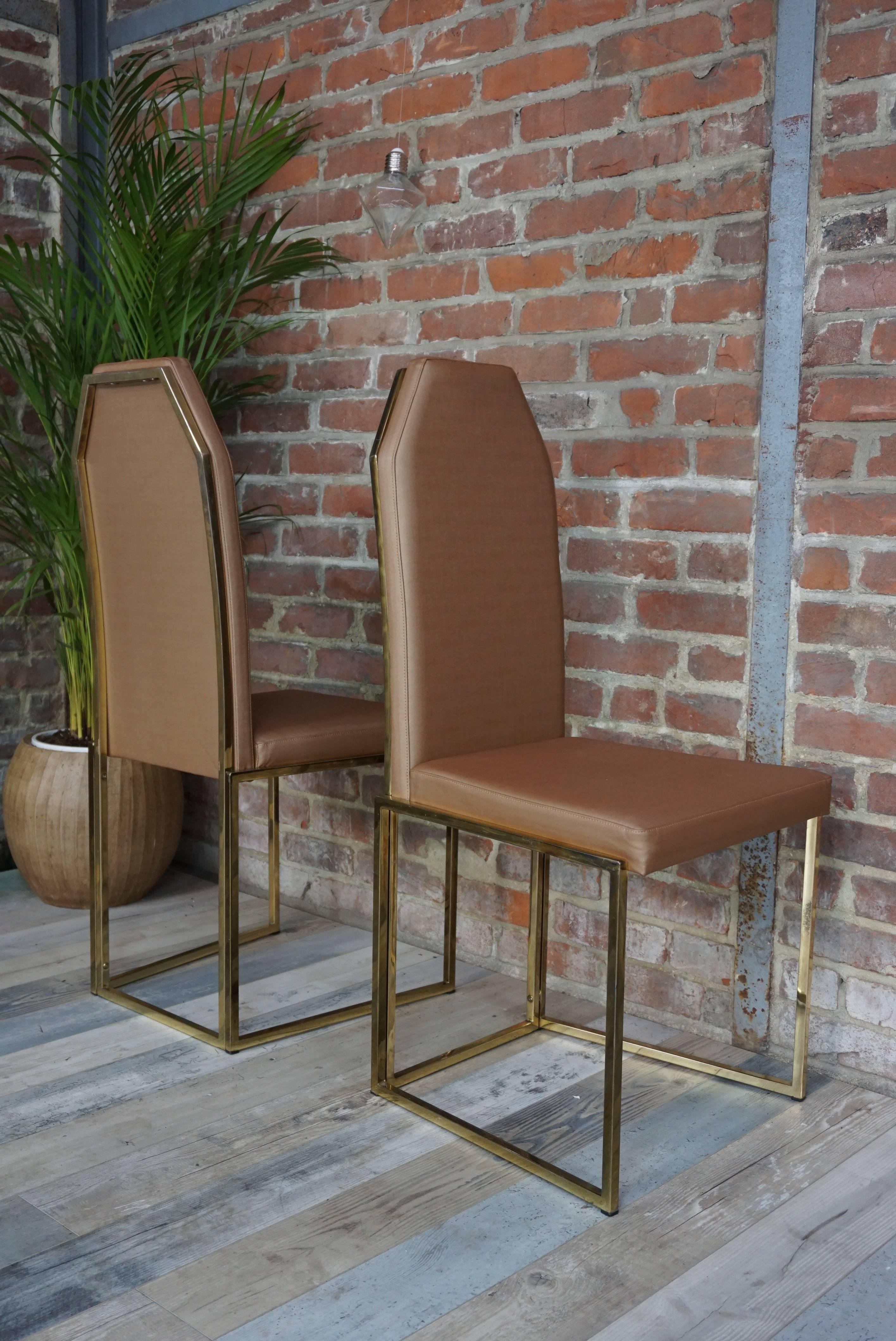 Brass and Coppered Fabric Dutch Design Set of Four Chairs Belgo Chrome 1