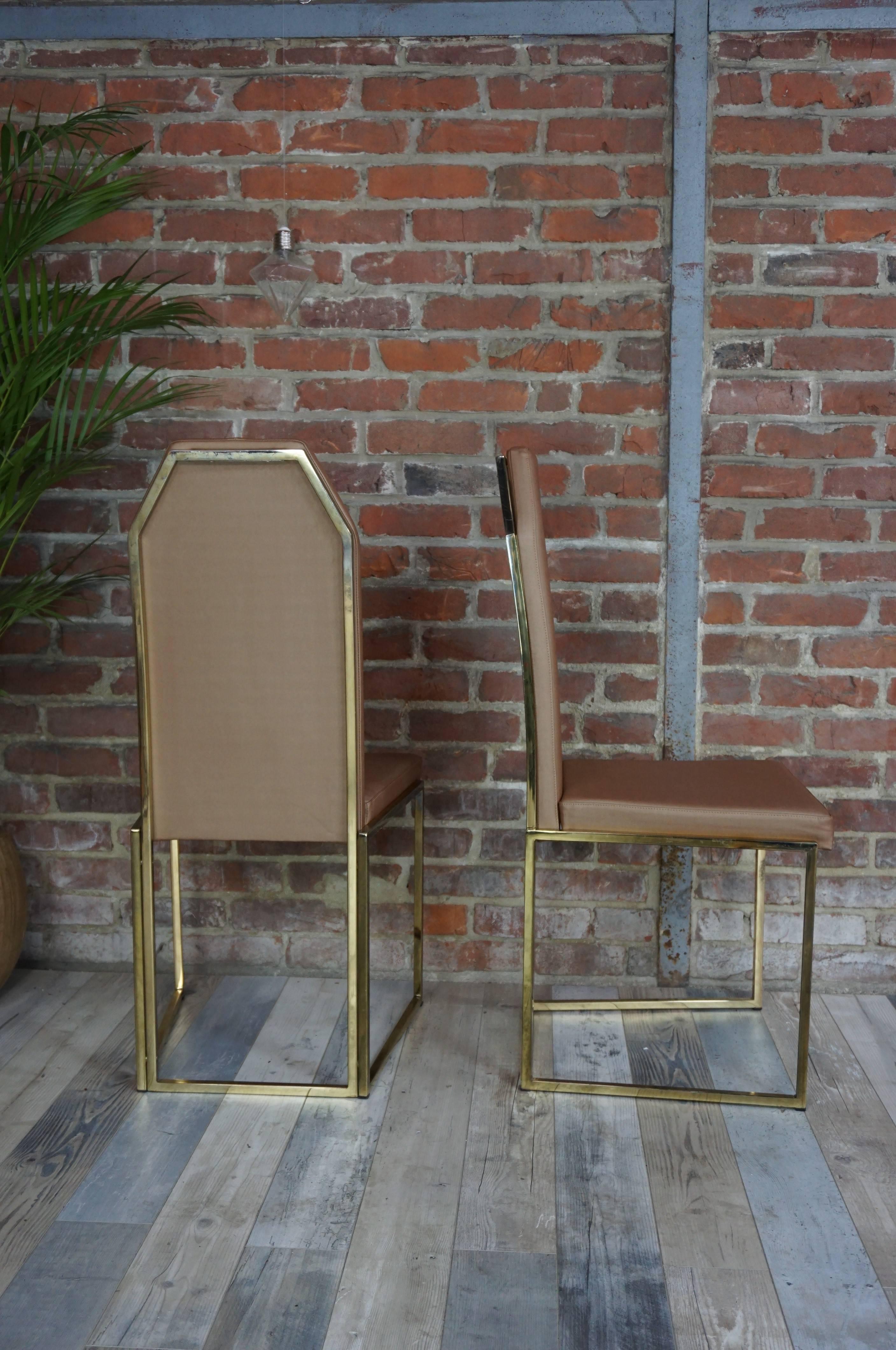 Brass and Coppered Fabric Dutch Design Set of Four Chairs Belgo Chrome 2