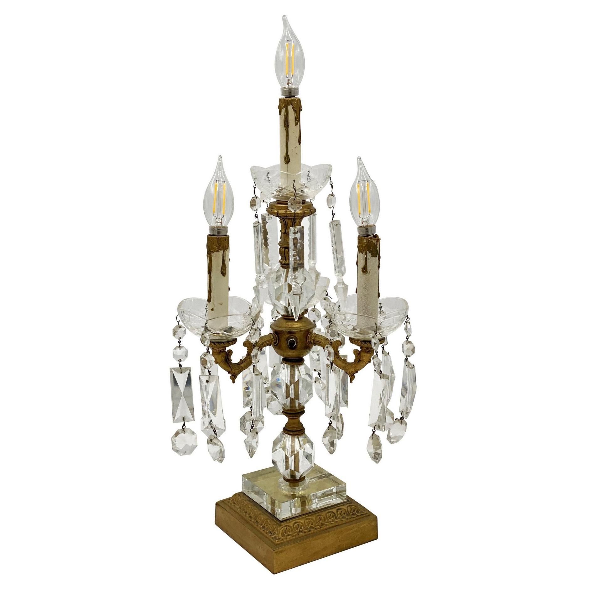 Brass and Crystal Candelabra Table Lamp with 4 Lights and Wood Base For