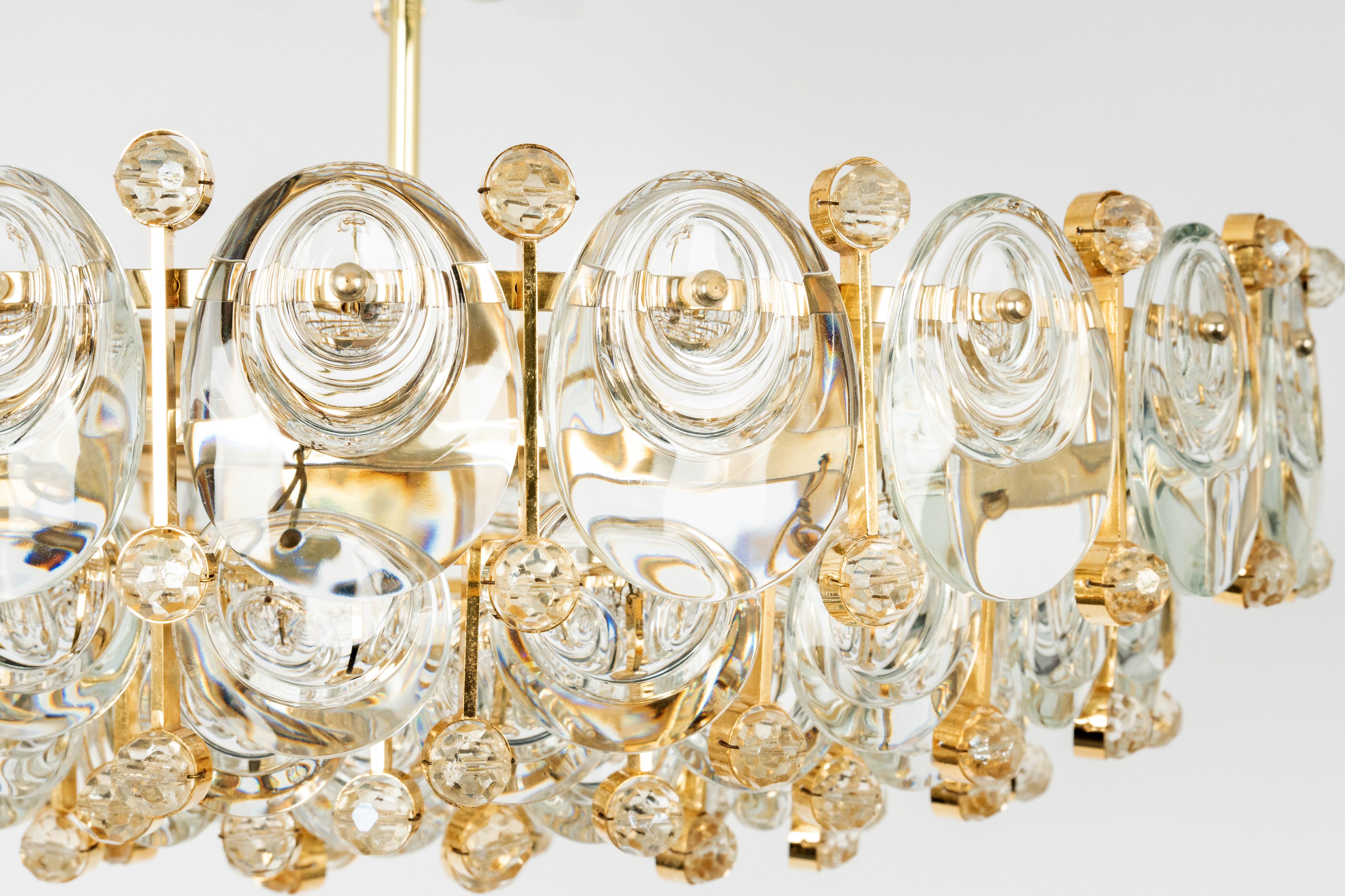 Gold Plate Brass and Crystal Chandelier, Sciolari Design by Palwa, Germany, 1970s For Sale