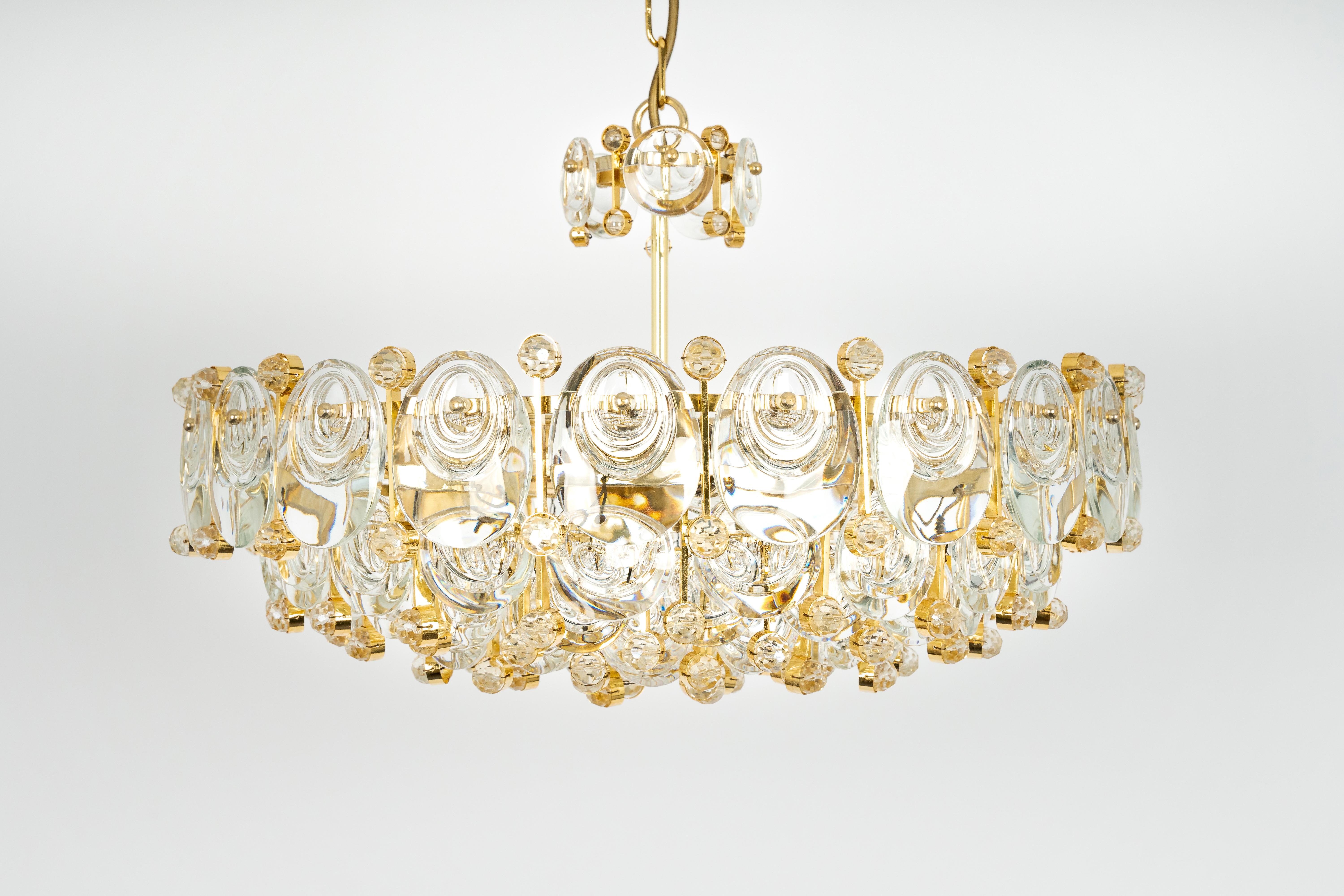 Brass and Crystal Chandelier, Sciolari Design by Palwa, Germany, 1970s For Sale 1