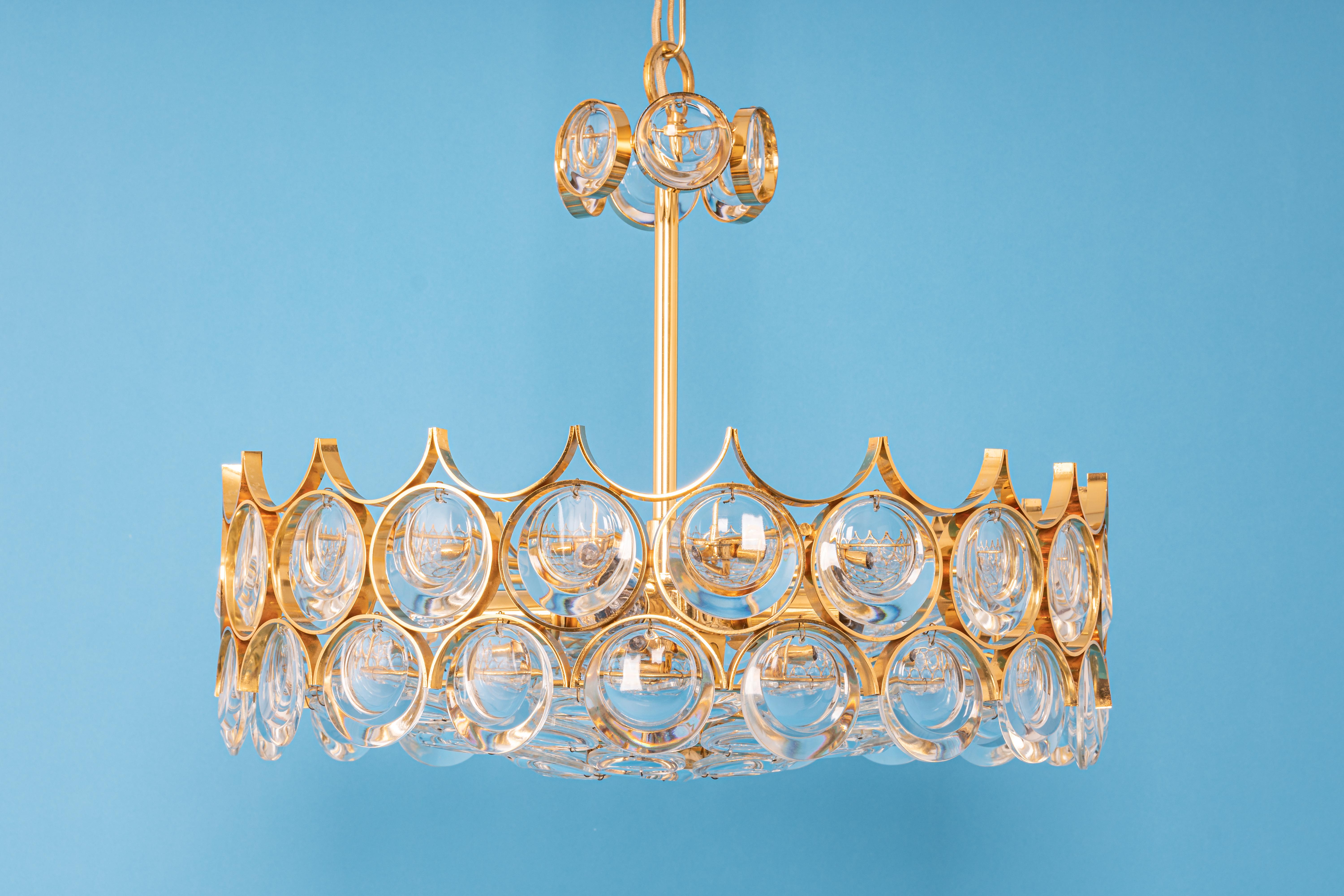 Brass and Crystal Chandelier, Sciolari Design by Palwa, Germany, 1970s For Sale 1