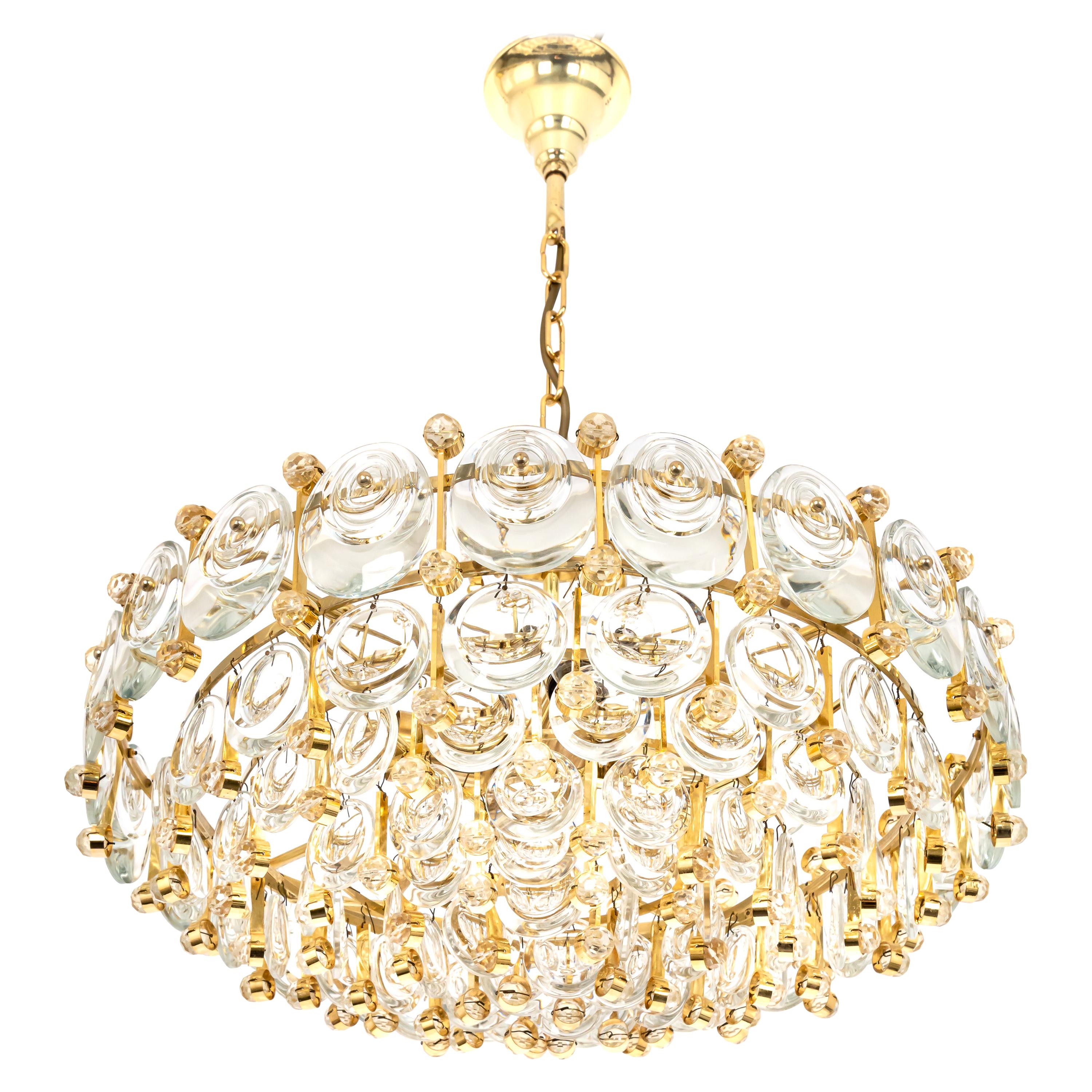 Brass and Crystal Chandelier, Sciolari Design by Palwa, Germany, 1970s For Sale