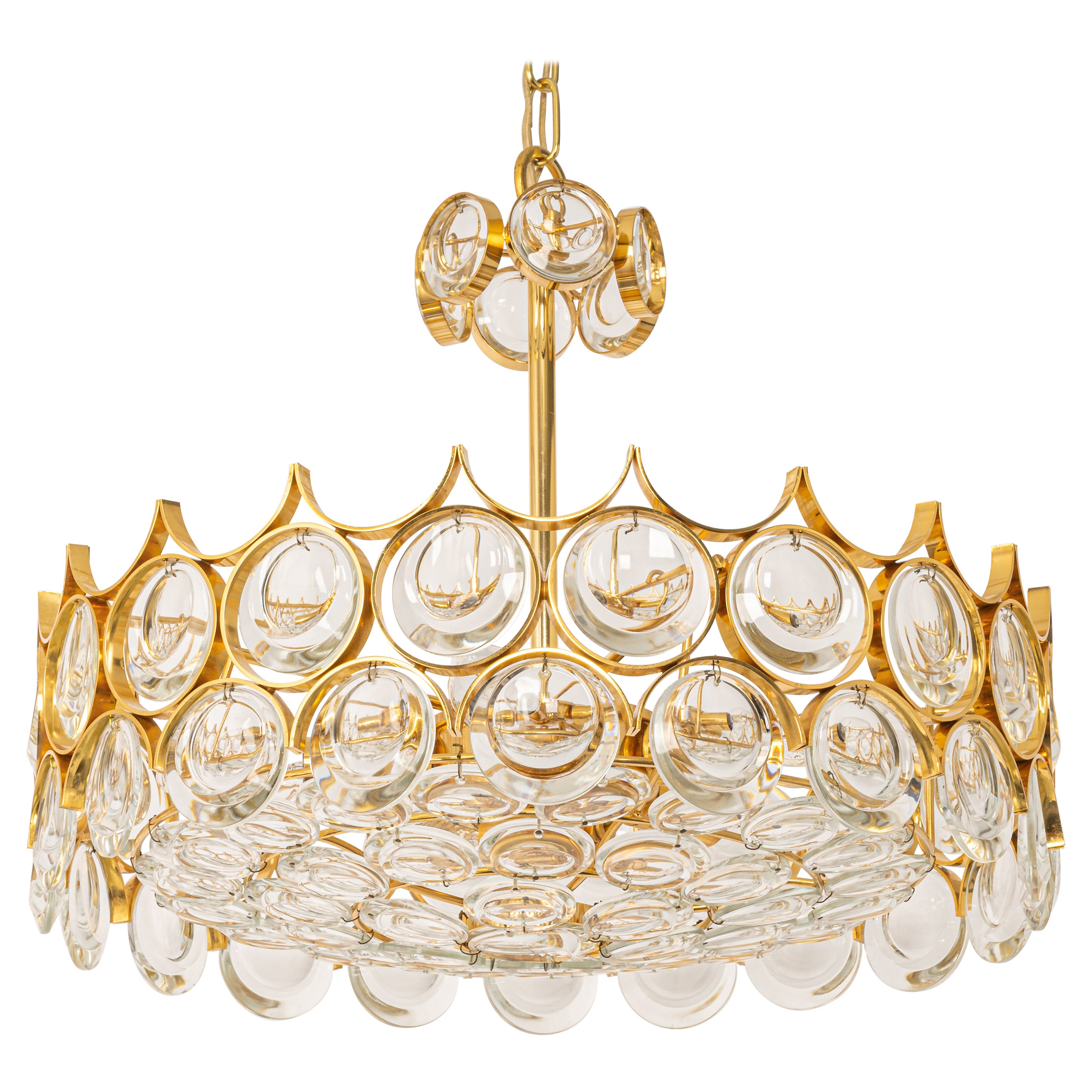 Lampadario in ottone e cristallo, Sciolari Design by Palwa, Germania, anni '70