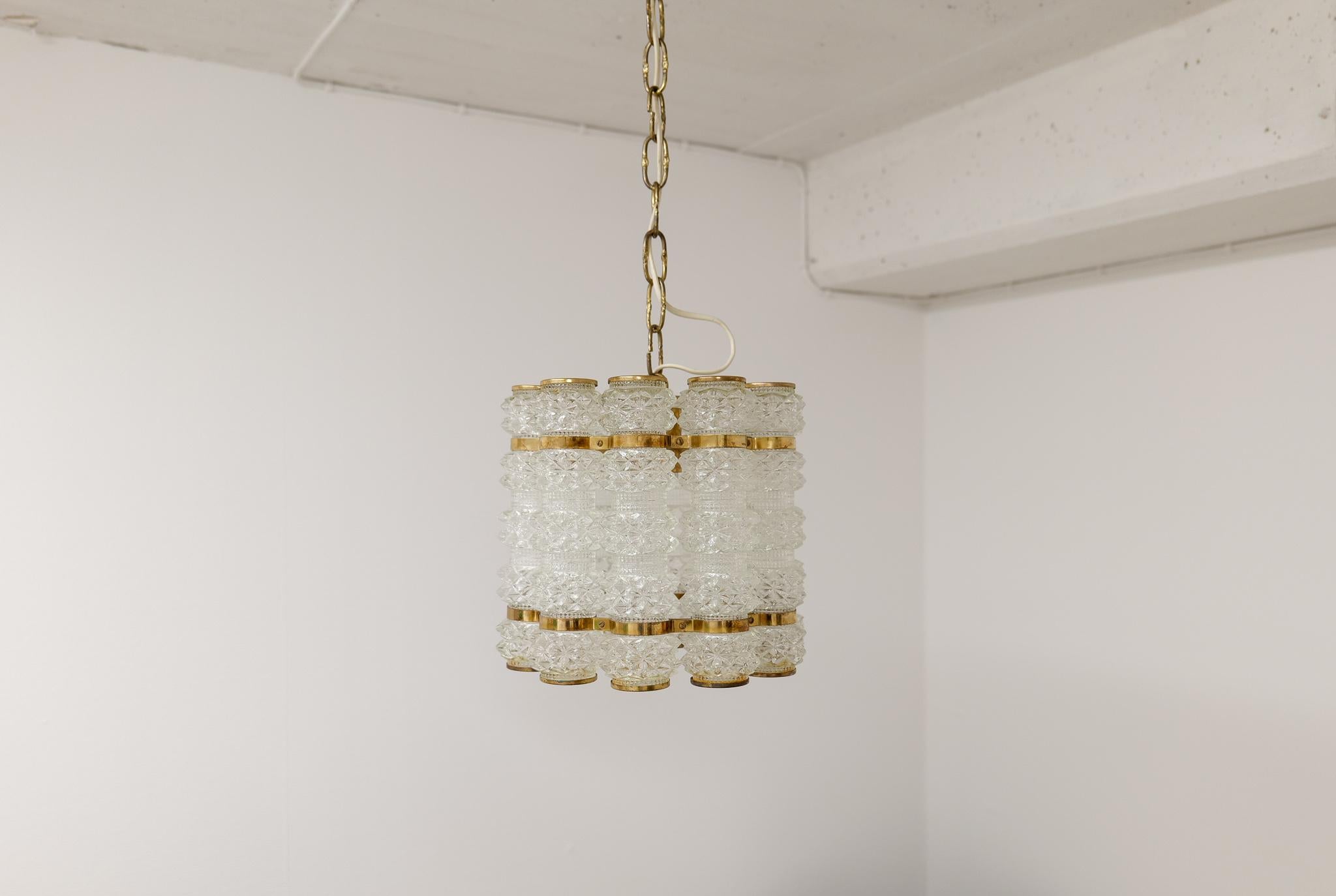 Brass and Crystal Cylinder Chandelier by Tyringe for Orrefors, Sweden For Sale 4