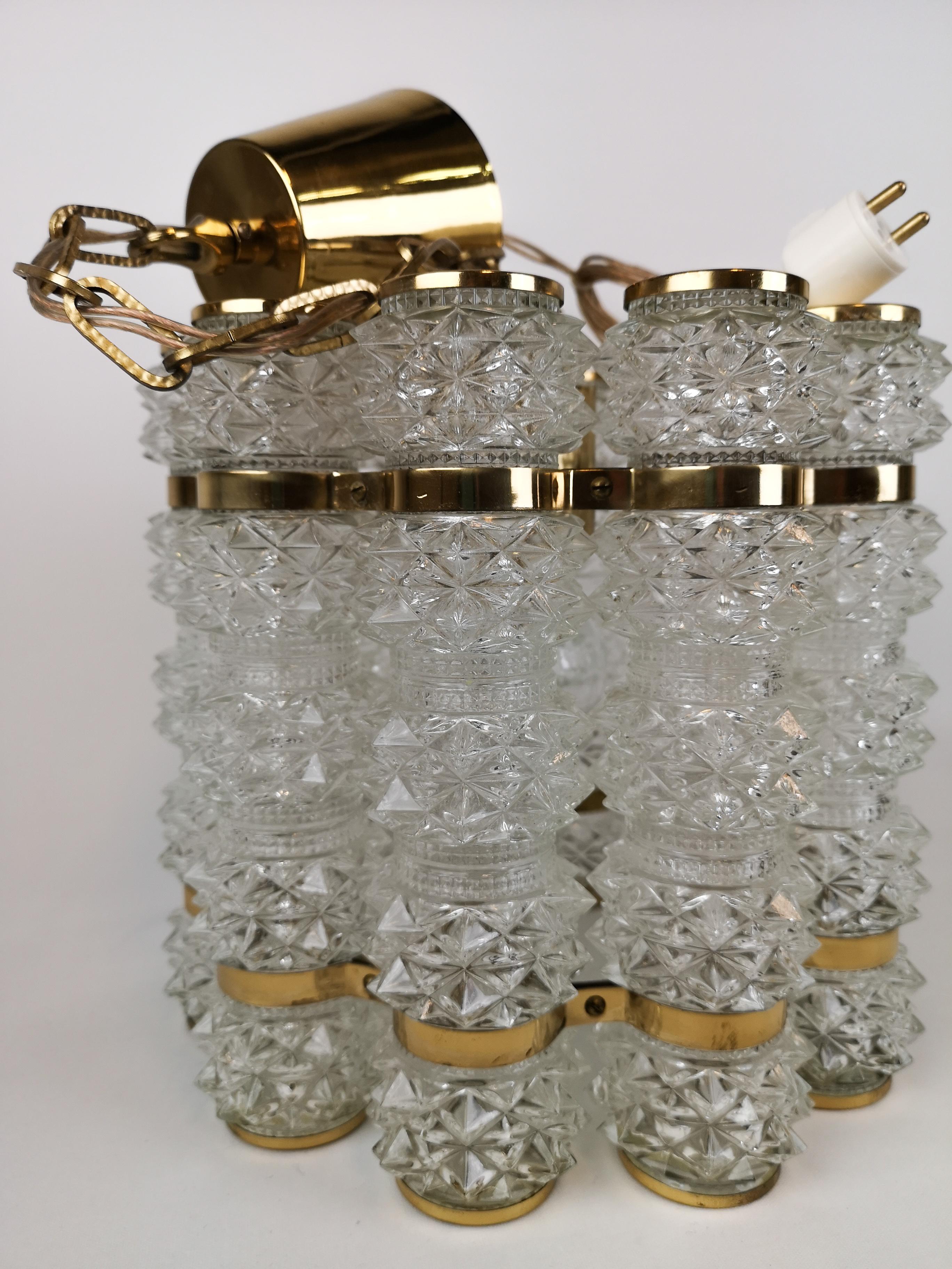  Brass and Crystal Cylinder Chandelier by Tyringe for Orrefors, Sweden 6