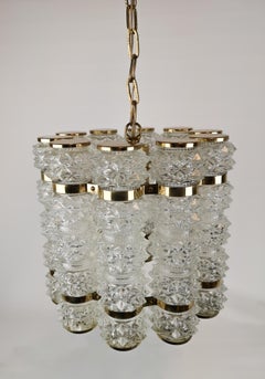Brass and Crystal Cylinder Chandelier by Tyringe for Orrefors, Sweden