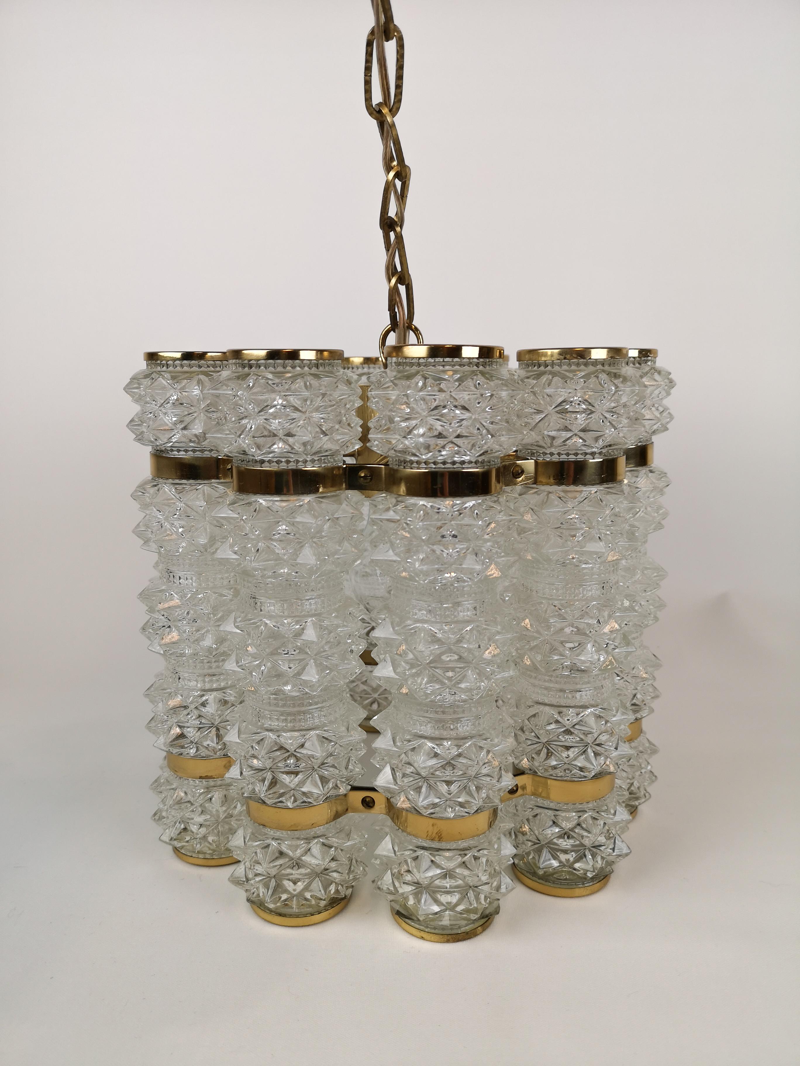  Brass and Crystal Cylinder Chandelier by Tyringe for Orrefors, Sweden In Good Condition In Hillringsberg, SE