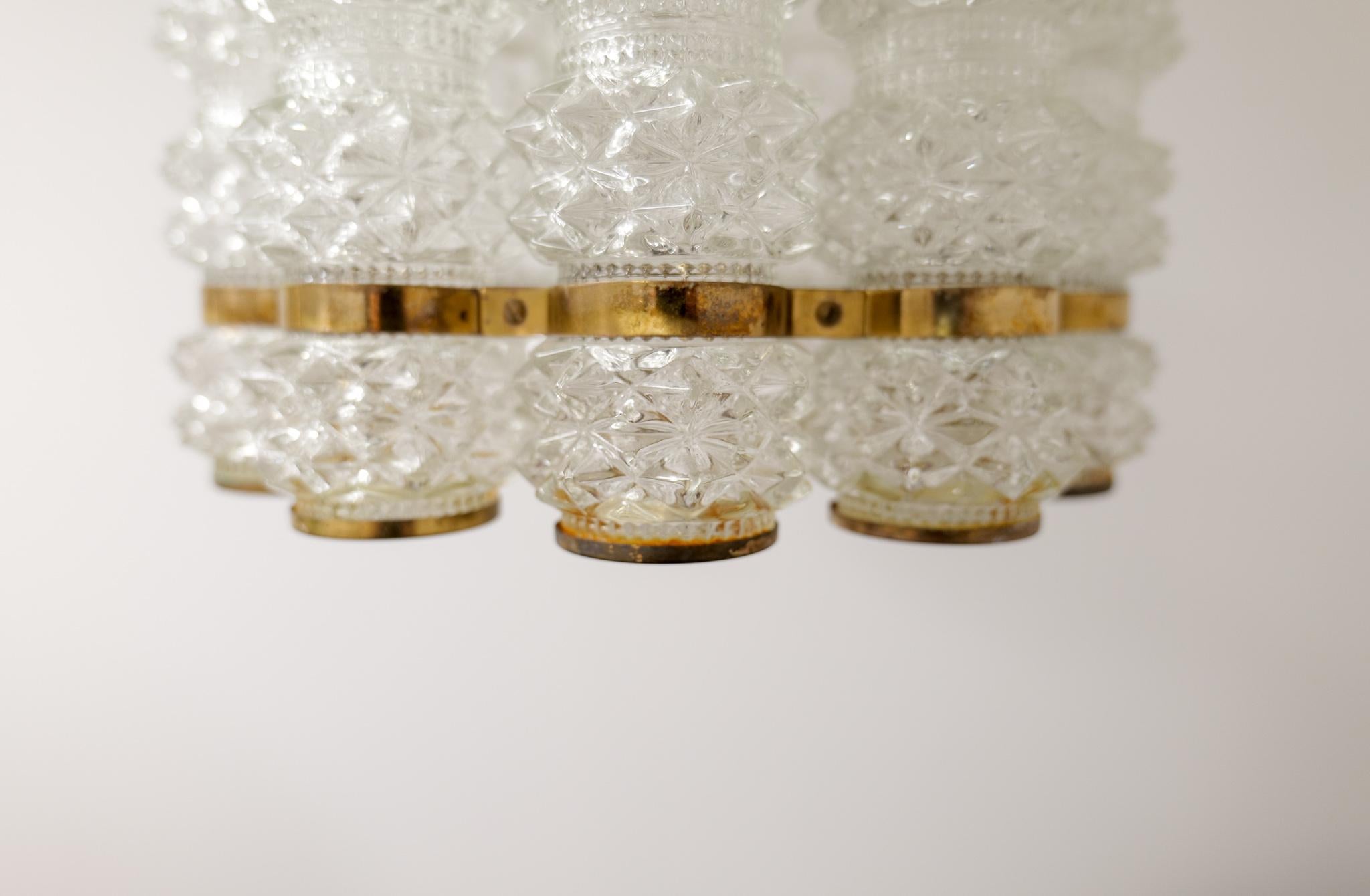 Brass and Crystal Cylinder Chandelier by Tyringe for Orrefors, Sweden In Fair Condition For Sale In Hillringsberg, SE
