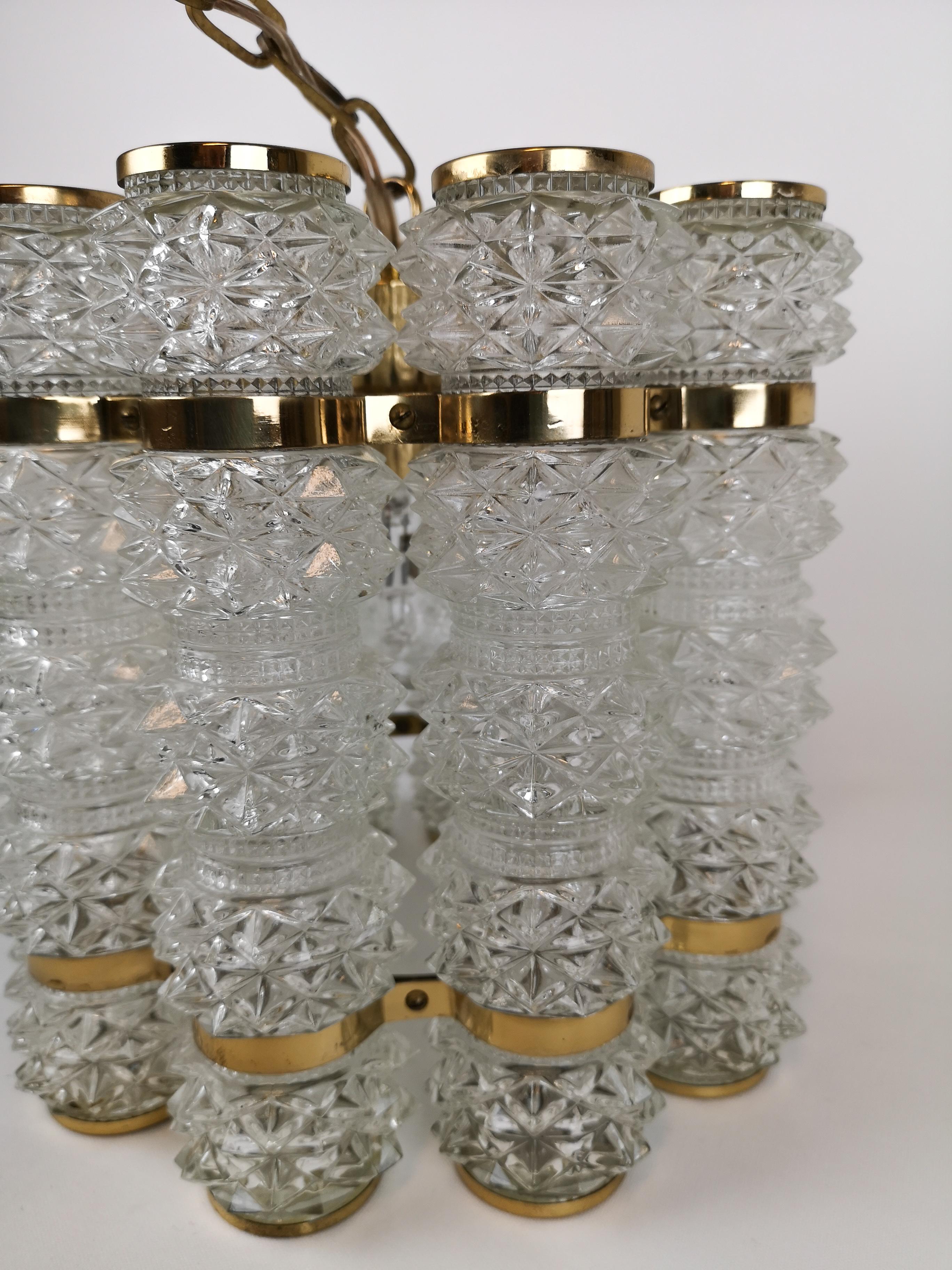 Mid-20th Century  Brass and Crystal Cylinder Chandelier by Tyringe for Orrefors, Sweden