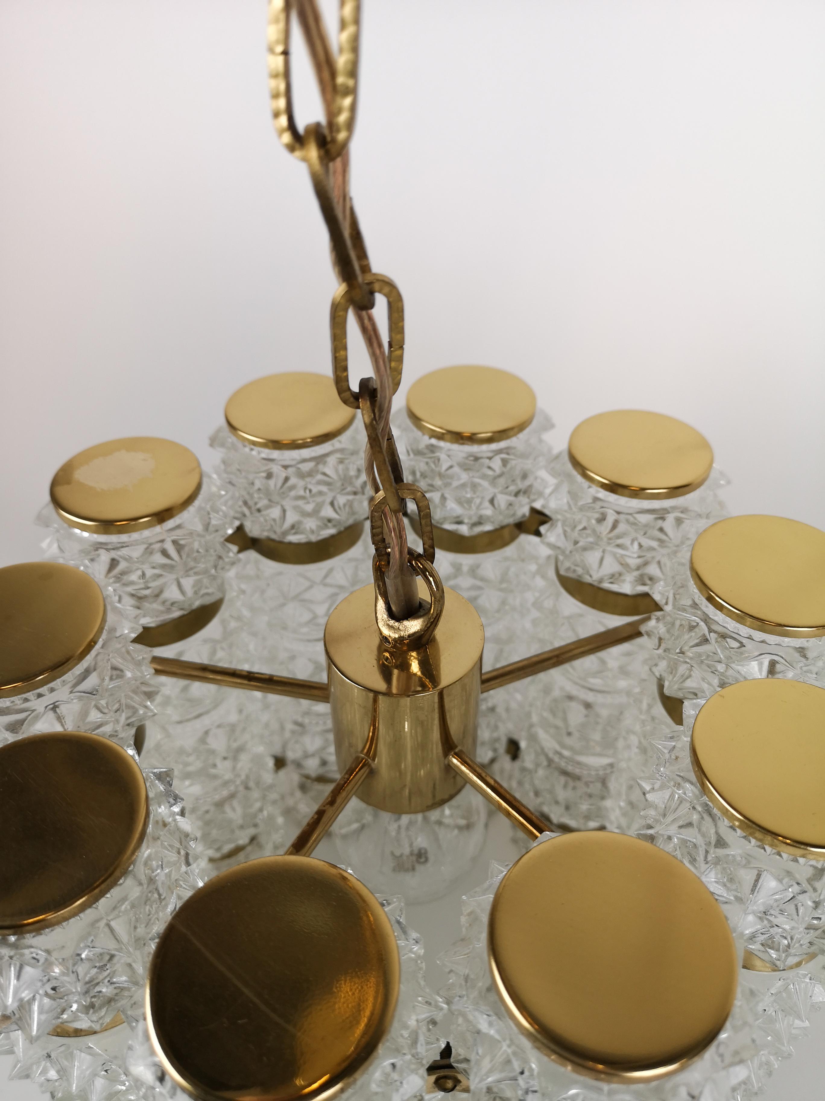  Brass and Crystal Cylinder Chandelier by Tyringe for Orrefors, Sweden 2