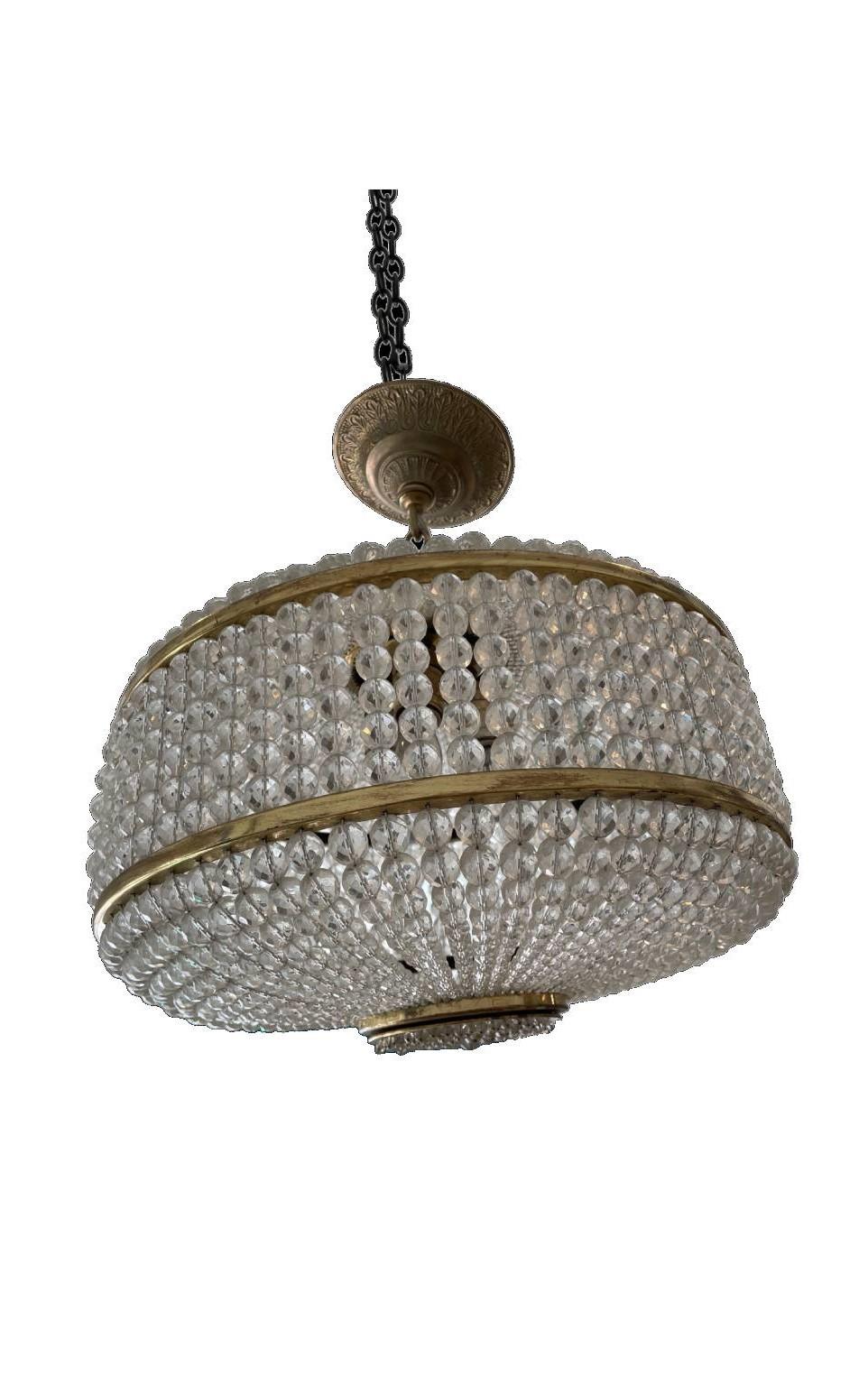 Hollywood Regency Brass and Crystal Drum Pendant Light Fixture For Sale