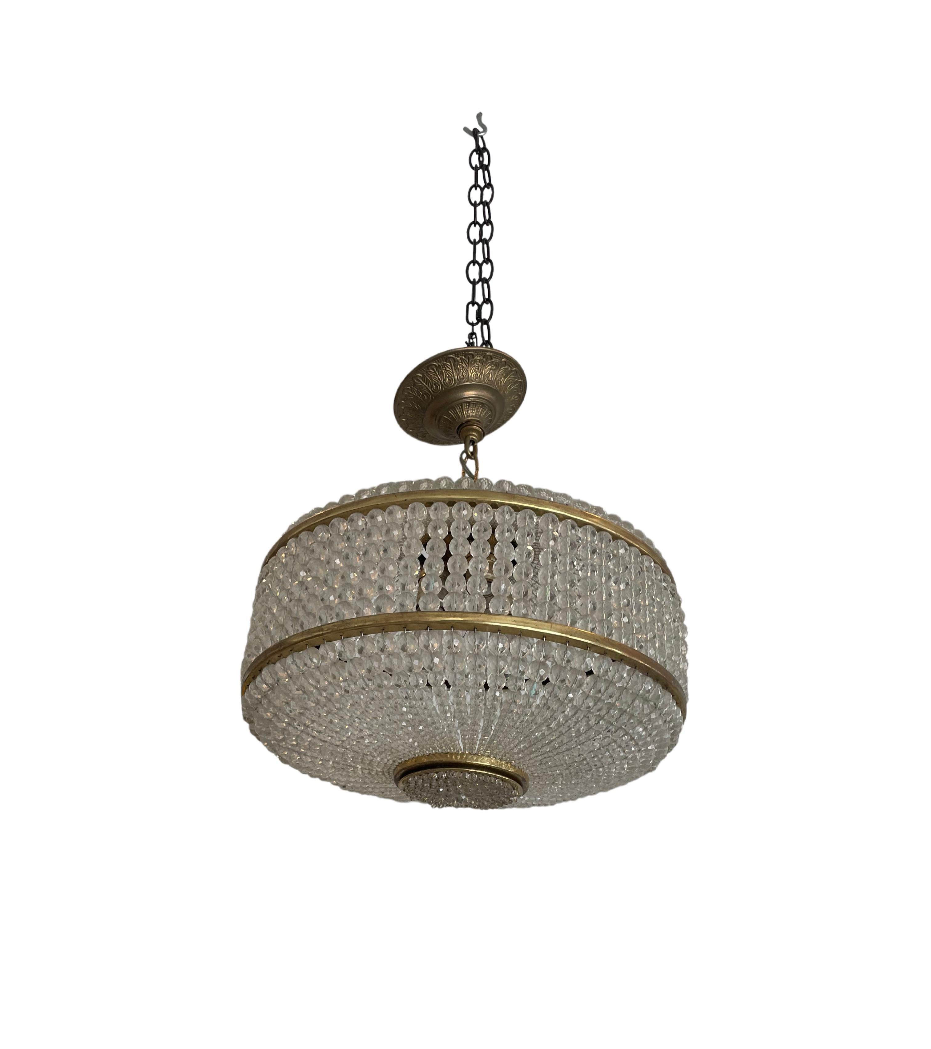 French Brass and Crystal Drum Pendant Light Fixture For Sale