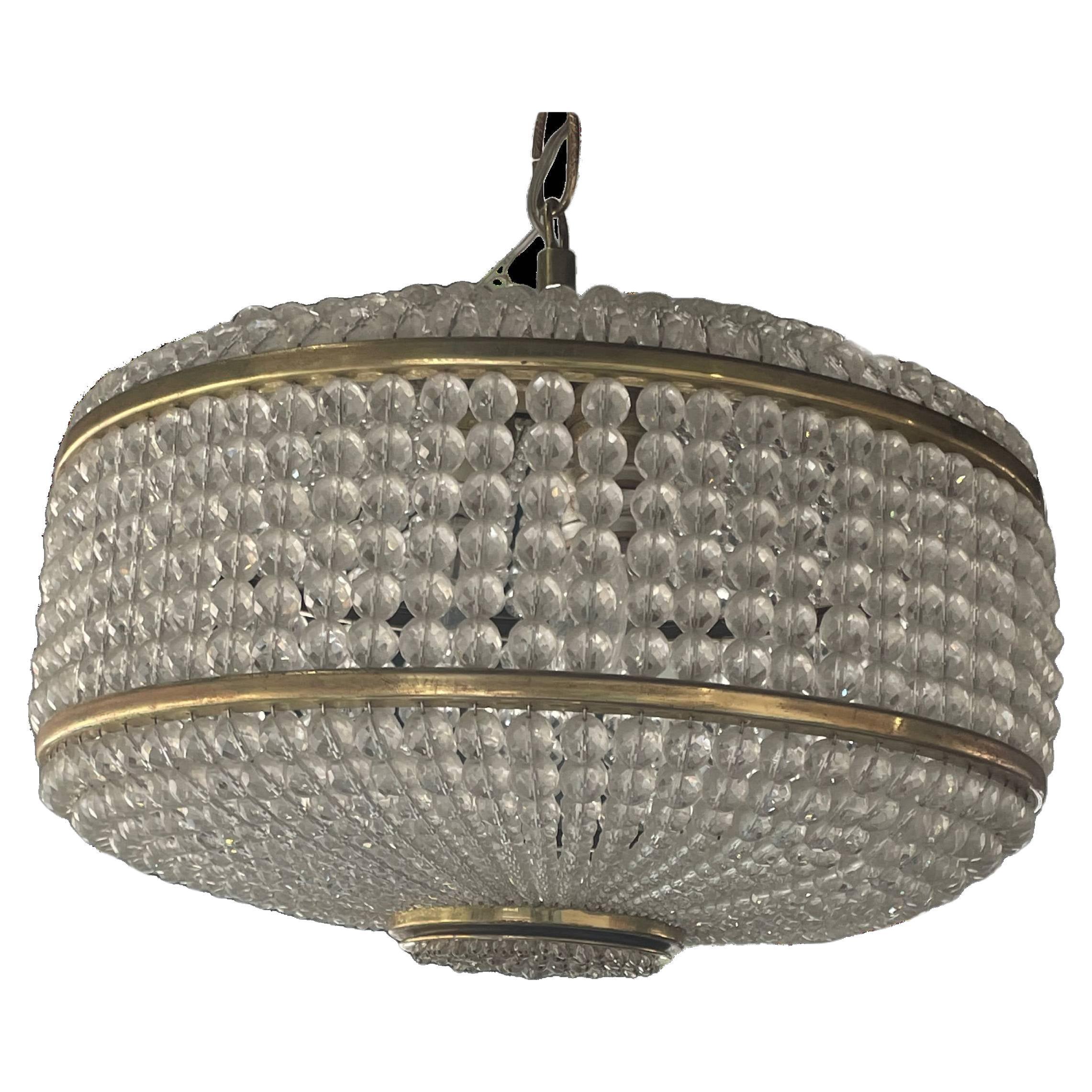 Brass and Crystal Drum Pendant Light Fixture