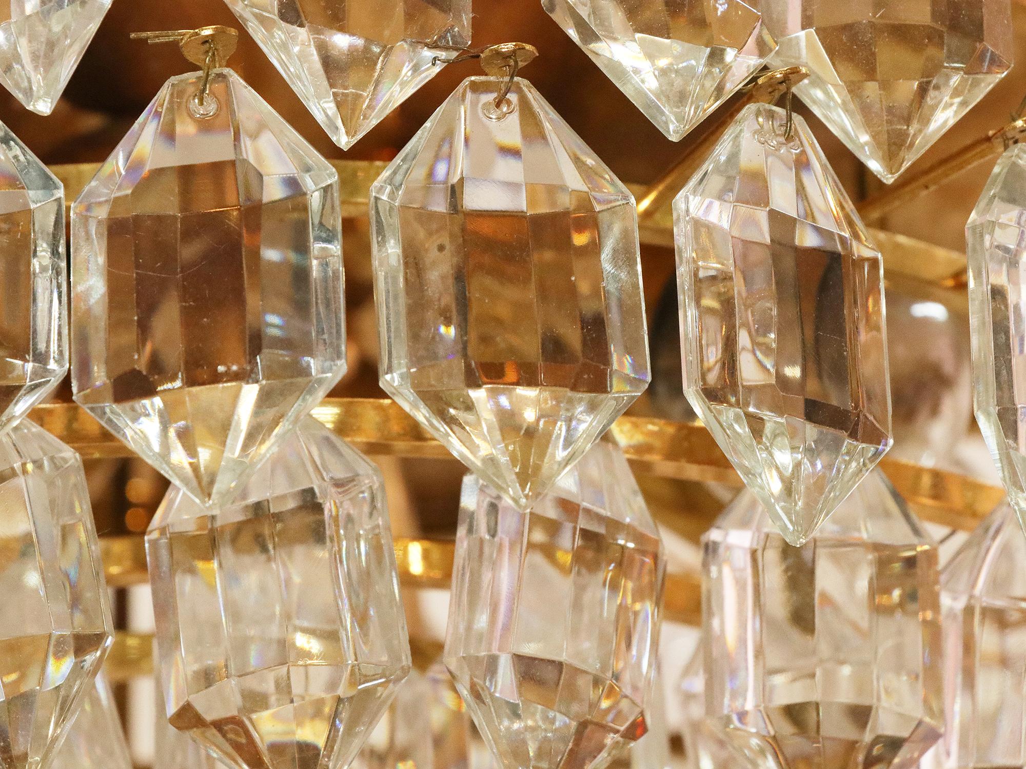 Mid-Century Modern Vienna Lobmeyr / Bakalowits & Sons Large Flush Mount Chandelier Crystal & Brass For Sale